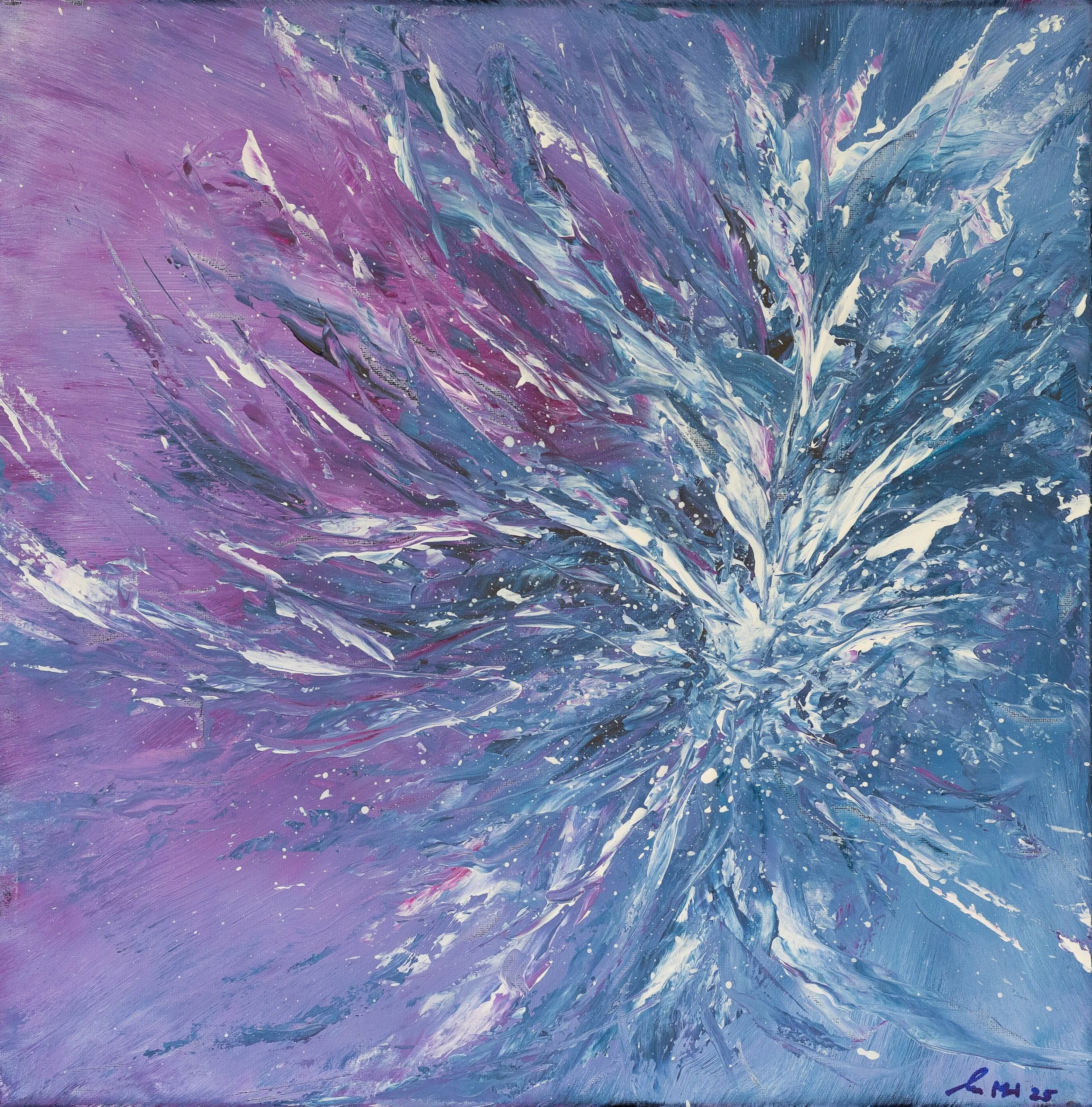 Abstraktes Gemälde in Blau-, Violett- und Weißtönen mit dynamischen Pinselstrichen und Farbspuren.