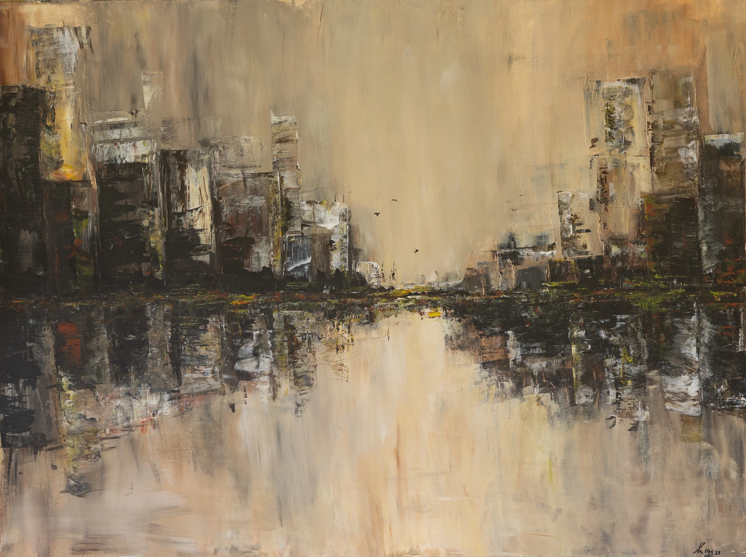 Abstrakte Stadtlandschaft mit Hochhäusern und Wasser reflektierenden Oberflächen, in Erdtönen mit Berliner Schnauze.