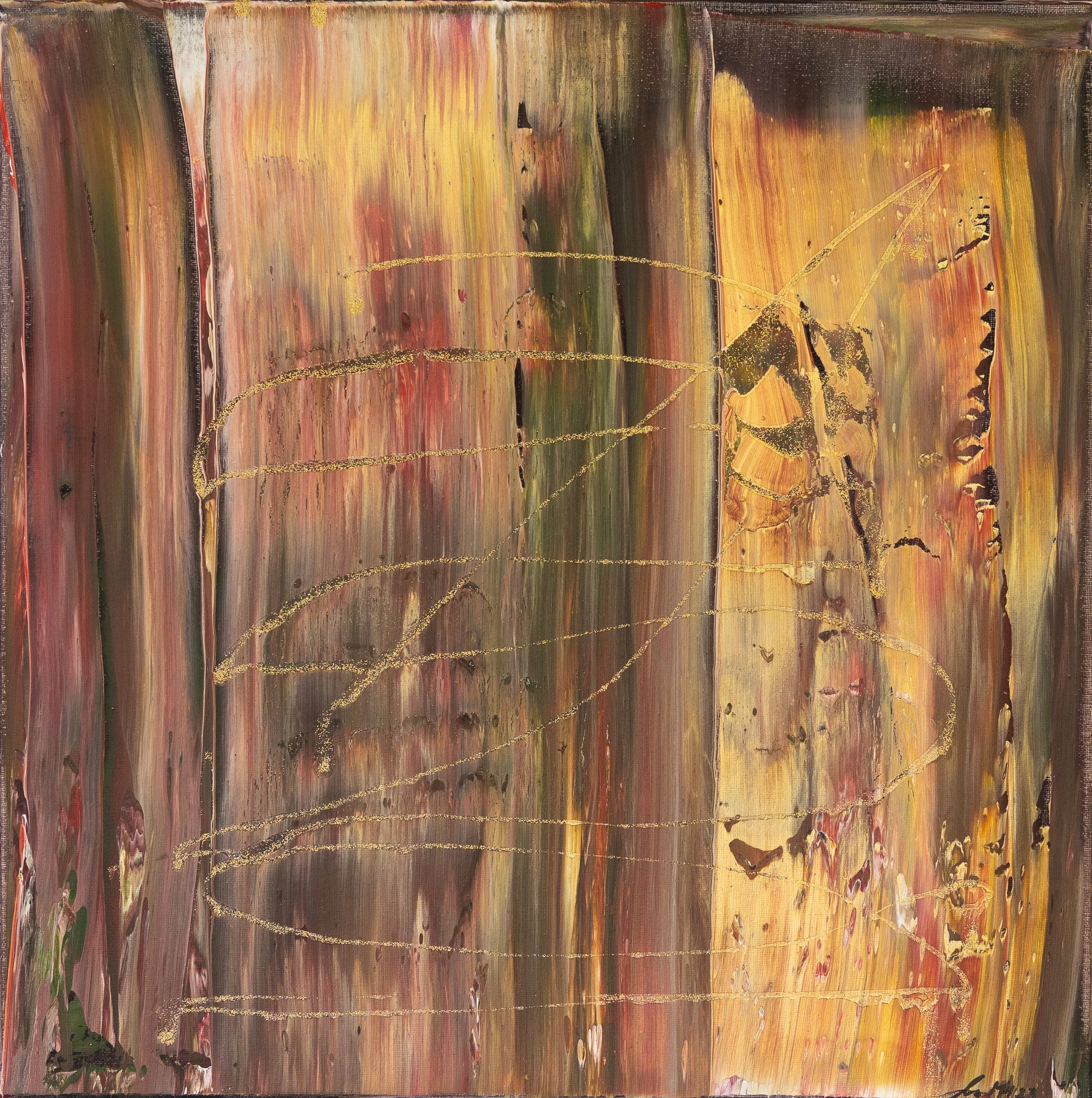 Abstraktes Gemälde mit vertikalen Farbmustern in Erdtönen und goldenen Linien.