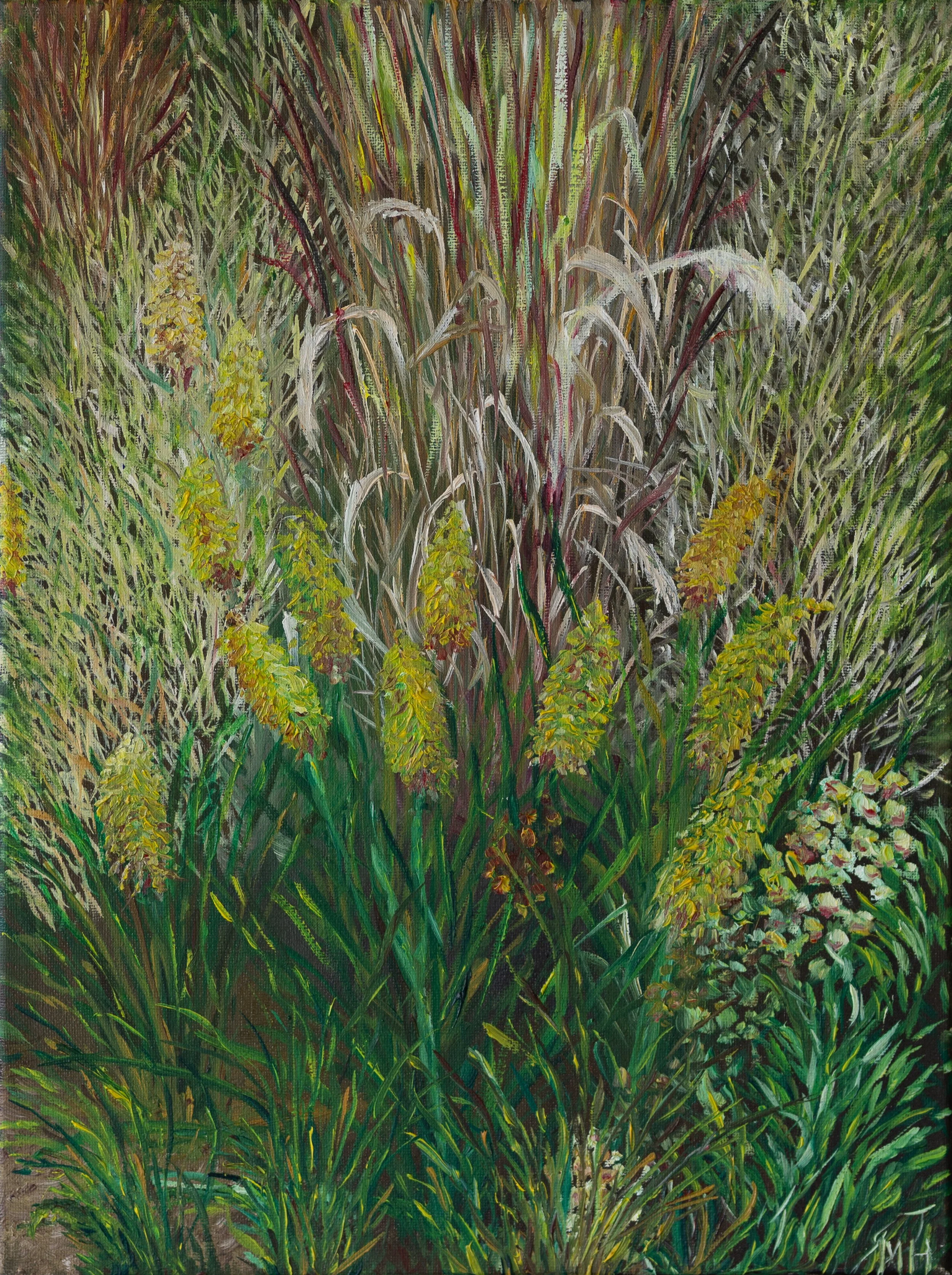 Ein Gemälde mit verschiedenen Gräsern und Blumen, überwiegend in Grüntönen mit gelben Blüten und weißen Gräsern.