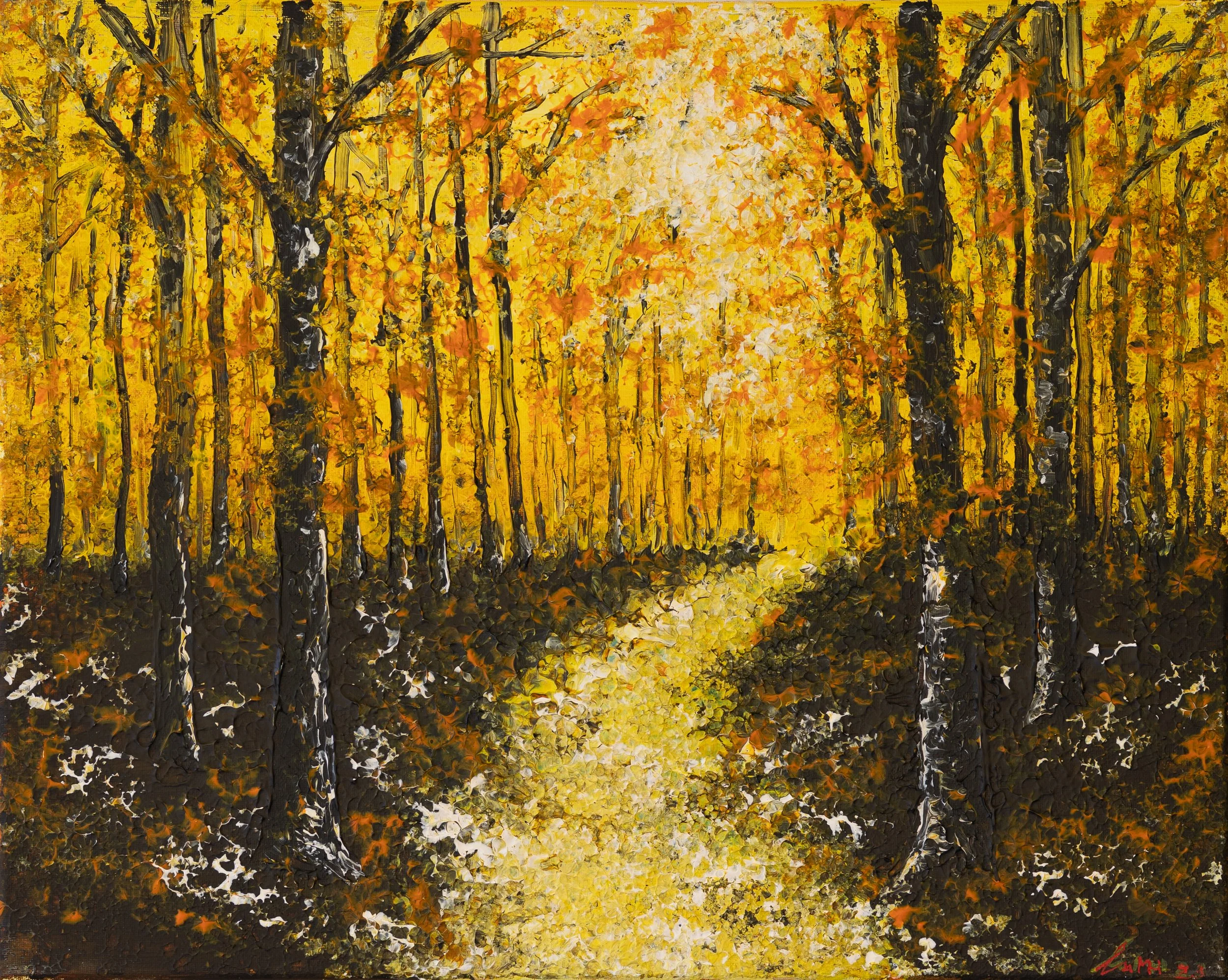 Gemälde einer herbstlichen Waldlandschaft mit gelben Blättern und einem Weg, der durch den Wald führt.