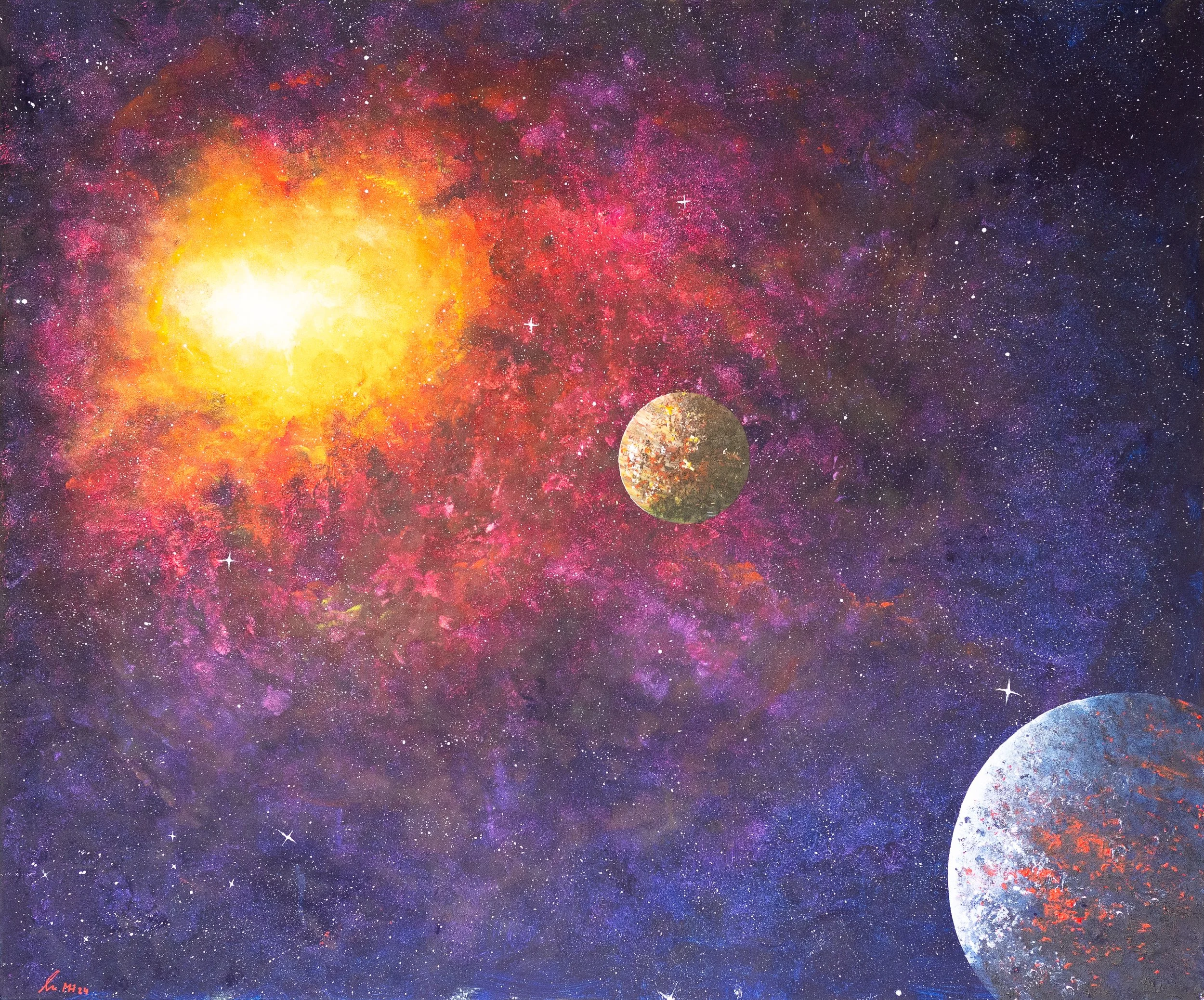 Kunstwerk eines schönen farbigen Weltraums mit Planeten, Sternen und einer leuchtenden Sonne.