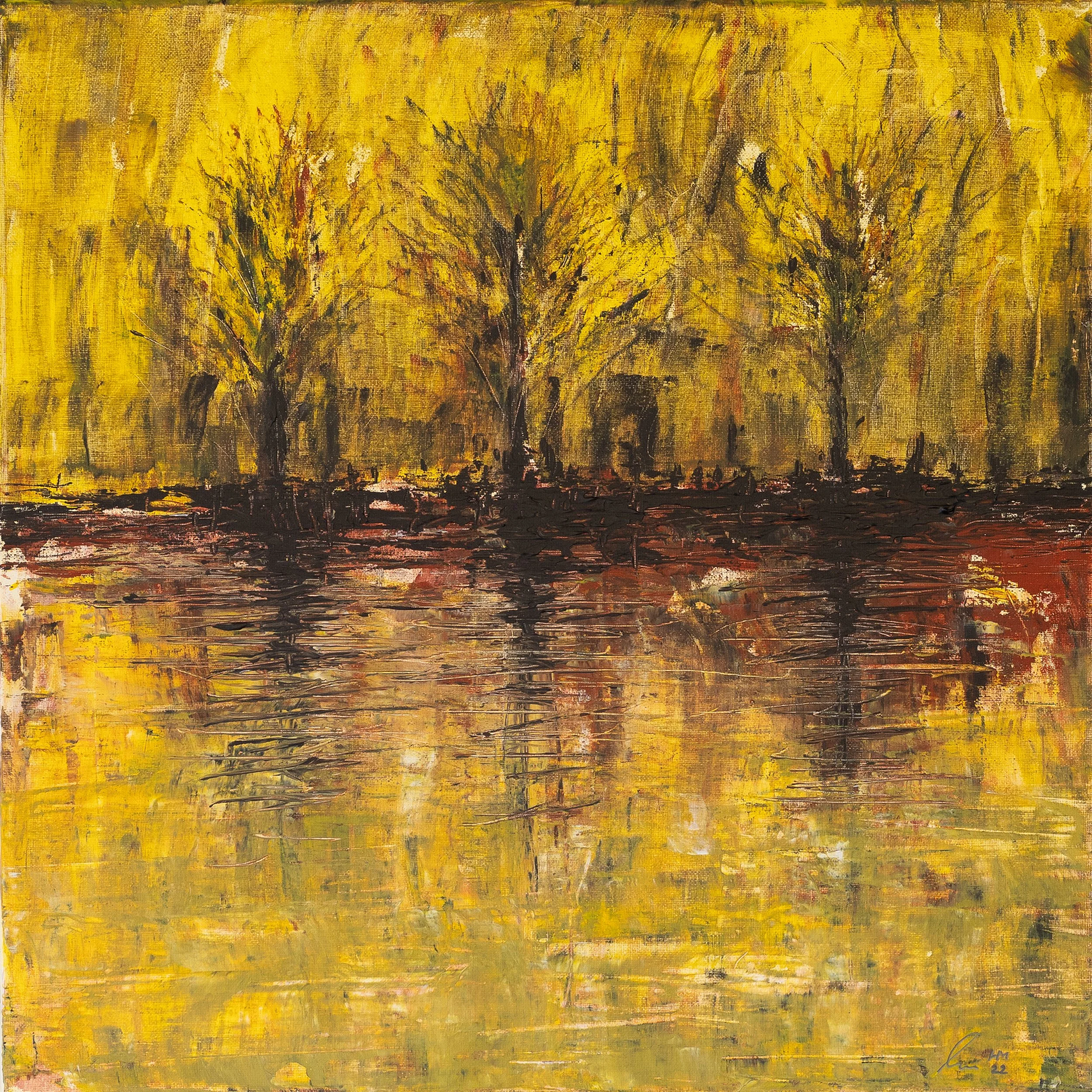 Ein impressionistisches Gemälde von drei Bäumen an einem Fluss bei Herbst, mit gelber Blätterfarbe und reflektiertem Wasser im Vordergrund.