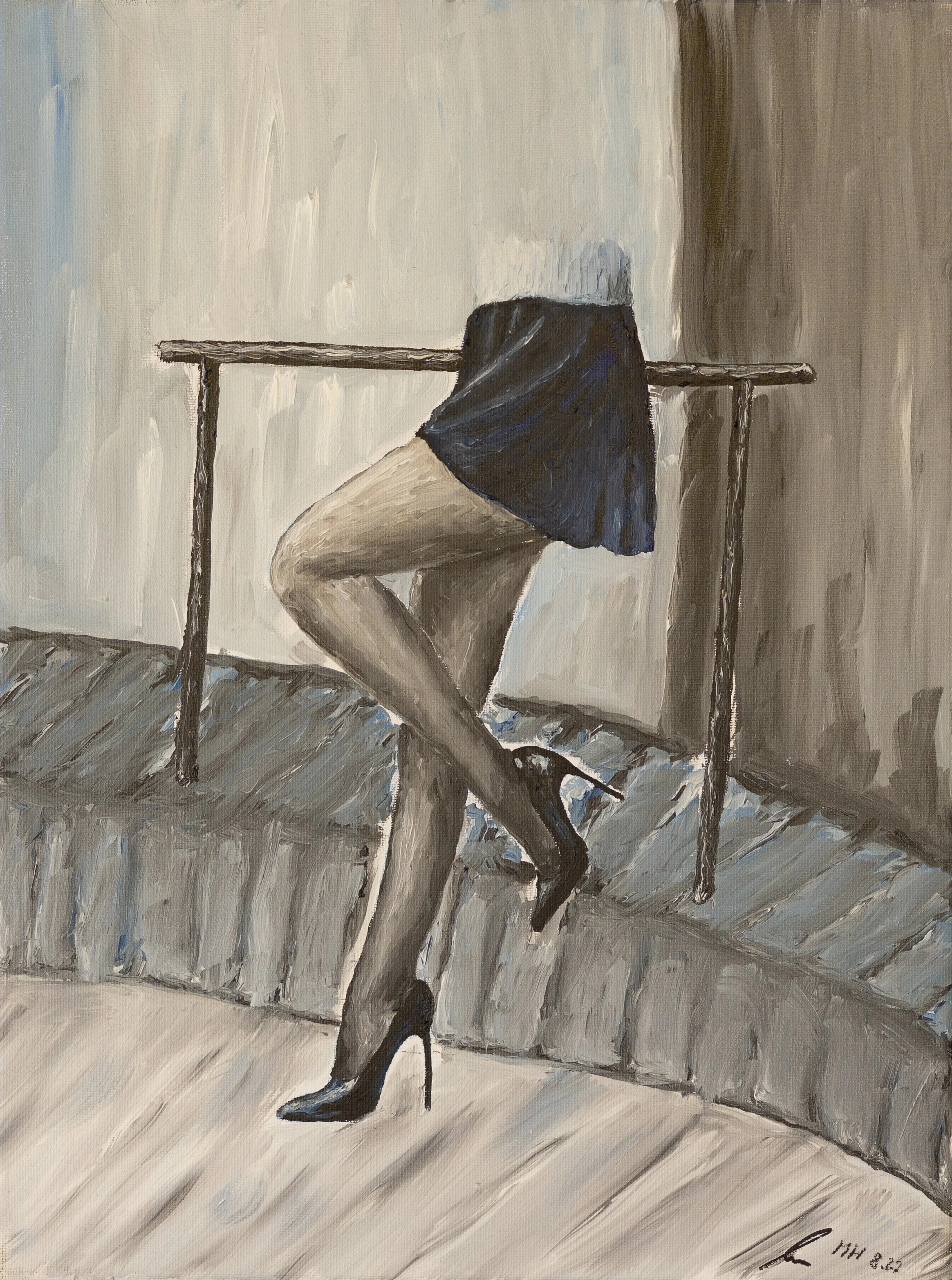 In diesem Gemälde ist eine Frau mit nur einem Bein und High Heels zu sehen, die auf einem Podest steht. Der obere Teil ihres Körpers ist nicht sichtbar.