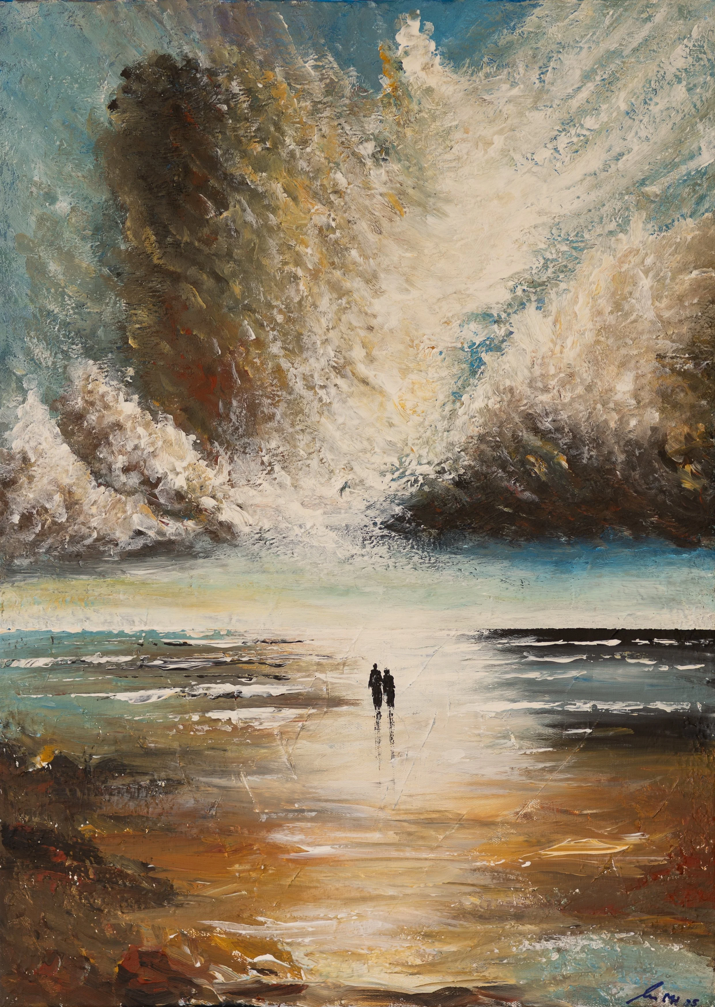 Zwei Menschen, die am Strand spazieren gehen, maritimes Landschaftsbild mit Himmel und Wasser in impressionistischem Stil