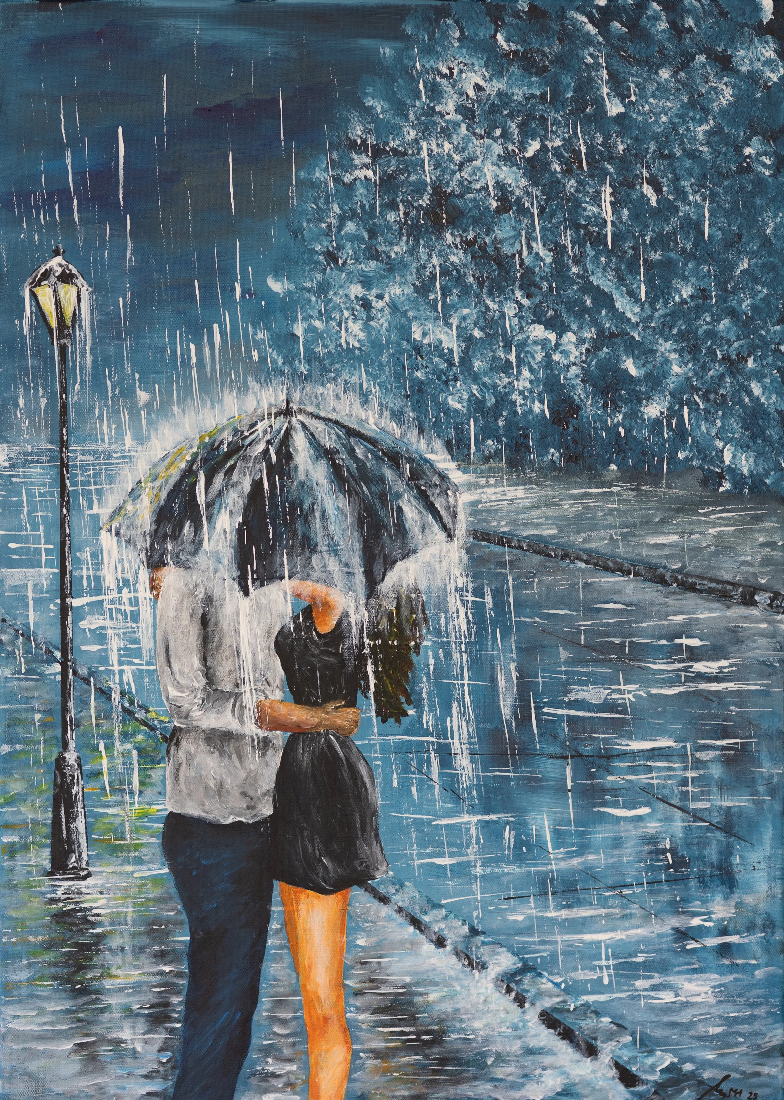 Malerei von einem Paar, das sich unter einem Regenschirm an einem regnerischen Tag am Wasserufer küsst, mit Straßenlaterne und Bäumen im Hintergrund.