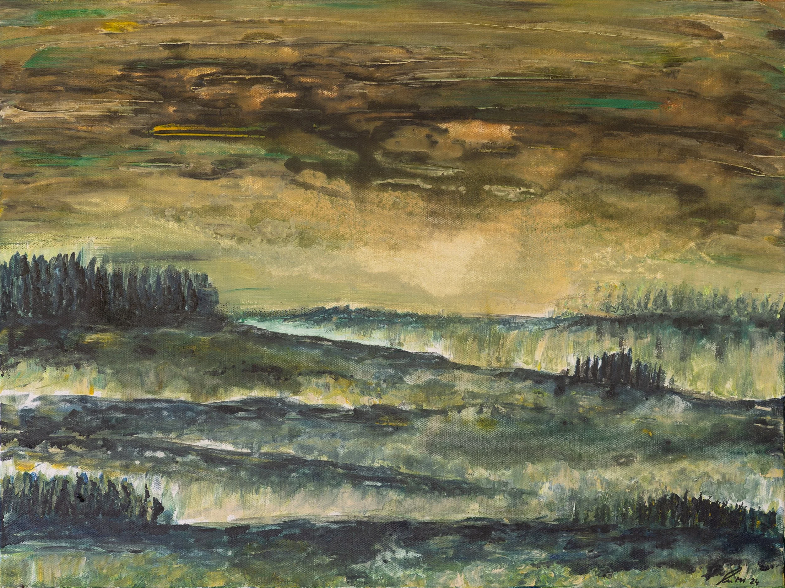 A watercolor landscape depicting rolling green hills with dark trees, a river, and a cloudy sky in muted tones.