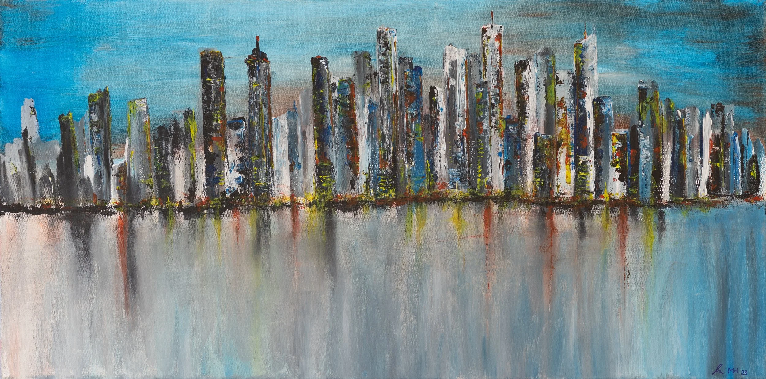 Ein abstraktes Gemälde einer modernen skyline mit Hochhäusern, reflektiert im Wasser, in lebendigen Farben und kräftigen Pinselstrichen.