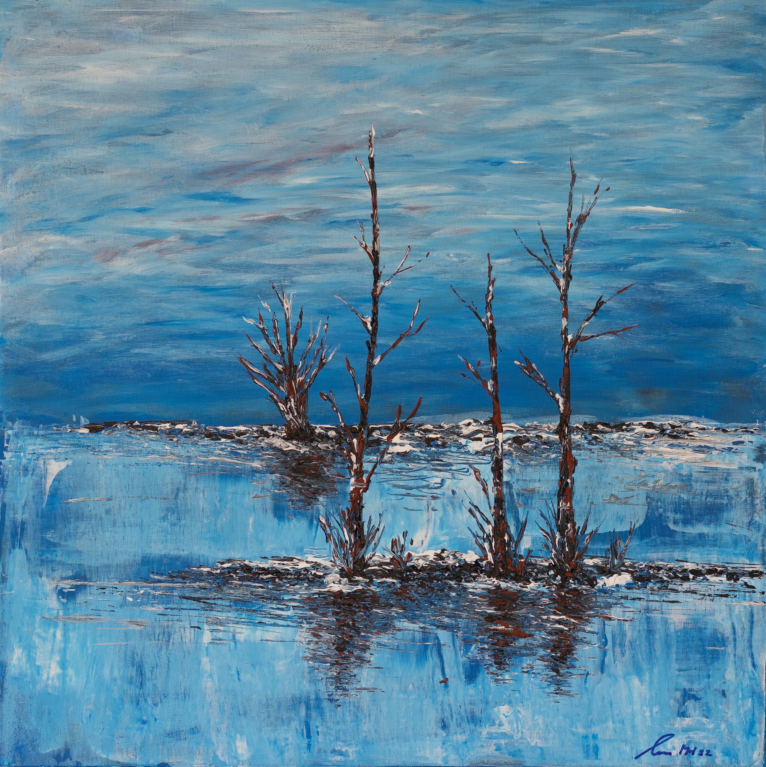 A painting of a winter landscape showing leafless trees by a frozen body of water under a cloudy blue sky.