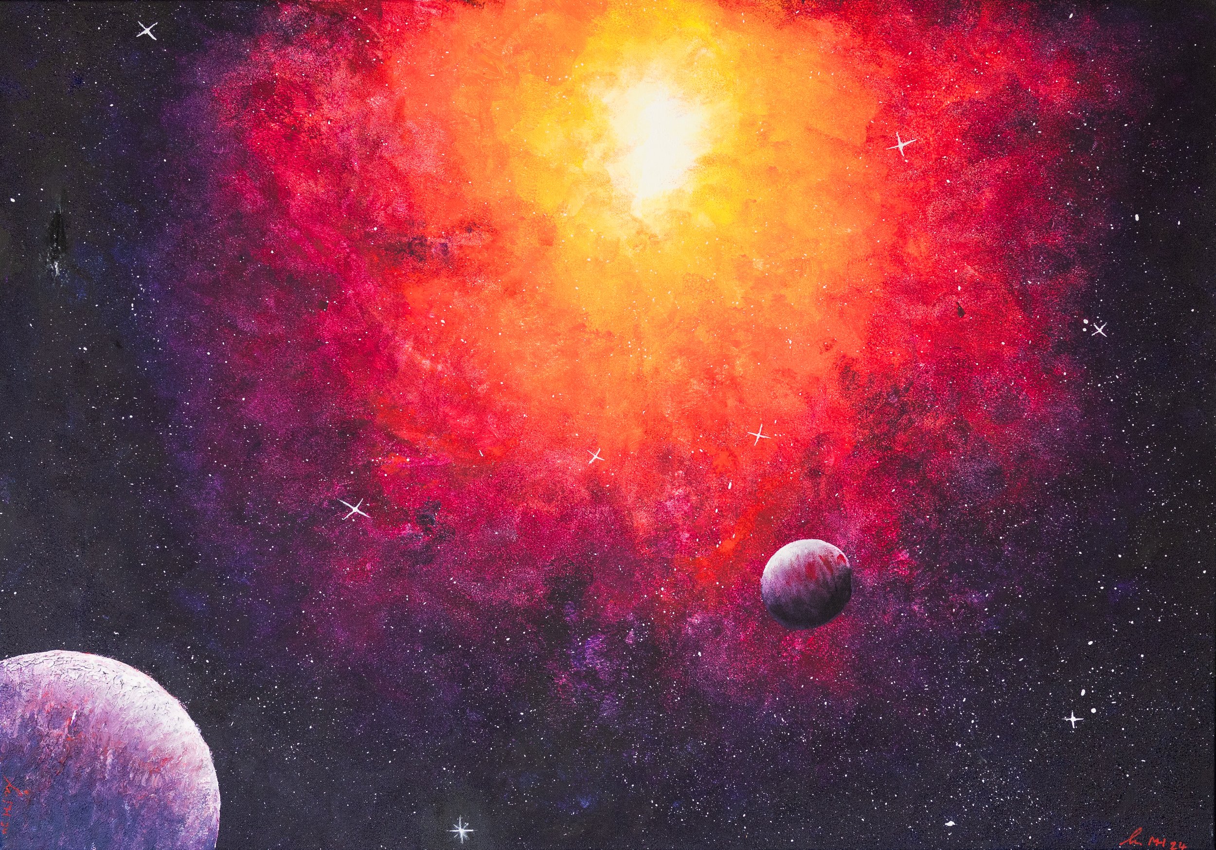 Farbige Darstellung des Weltraums mit Planeten, Sternen und einer leuchtenden Galaxie im Zentrum.