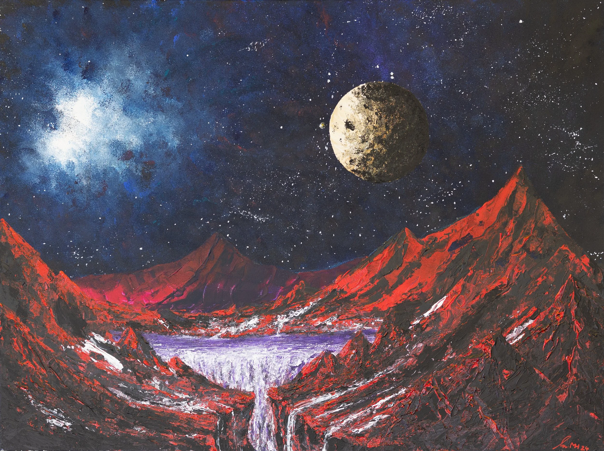 Ein Gemälde einer fantastischen Landschaft mit roten Bergen, einem Wasserfall in der Mitte, einem kristallinen See und einem Sternenhimmel mit Mond im Himmel.