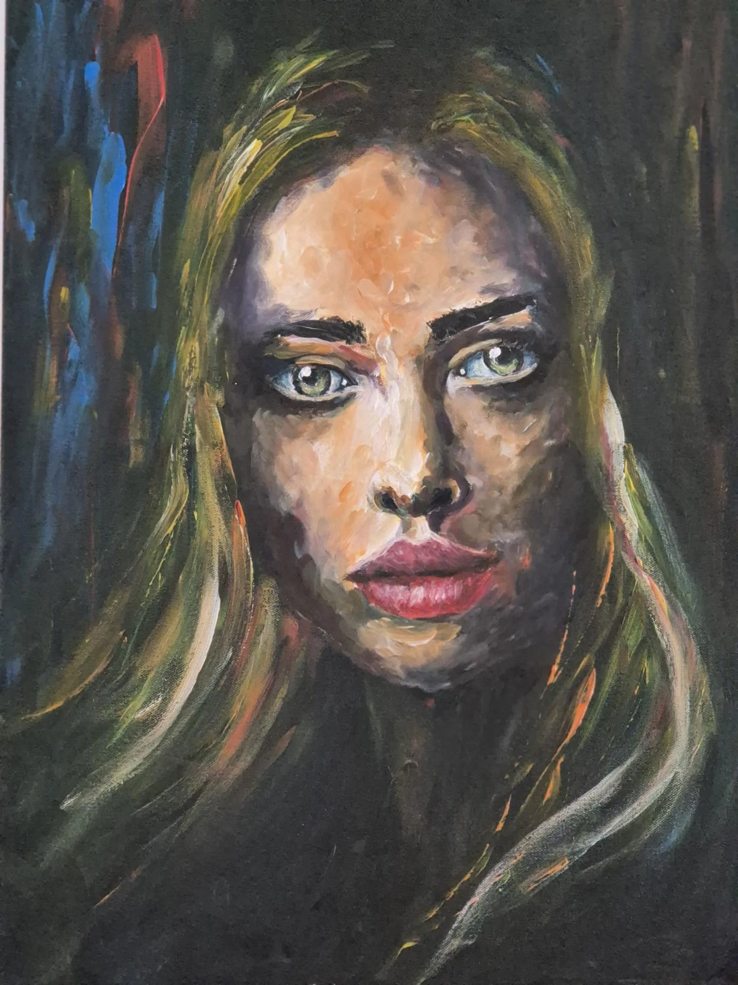 Ein Gemälde eines Porträts einer jungen Frau mit langen, hellen Haaren und blauen Augen, das mit impressionistischen Pinselstrichen gemalt wurde.