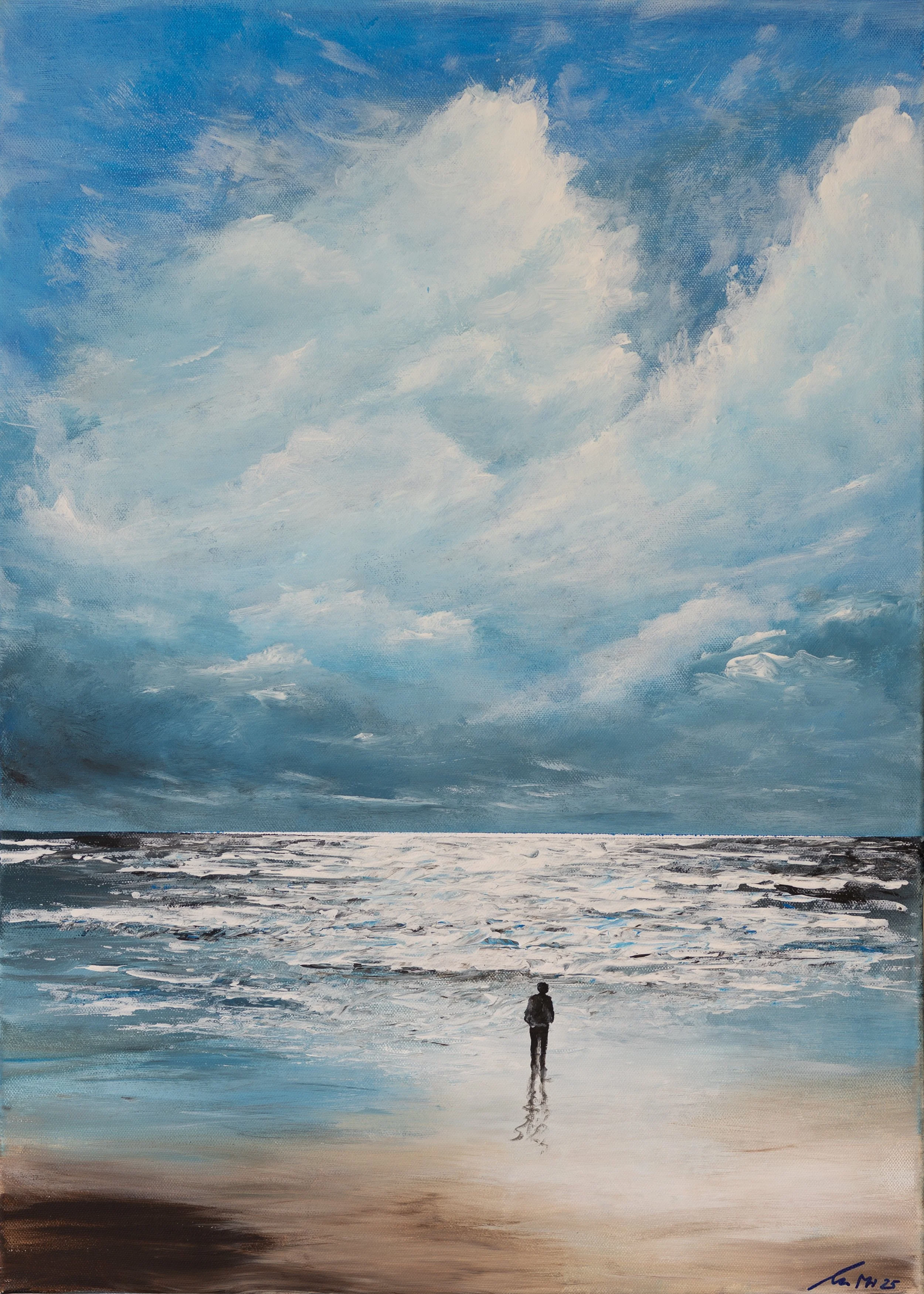 Gemälde eines Einzelnen, der am Strand steht und auf das Meer blickt, mit einem bewölkten Himmel im Hintergrund.