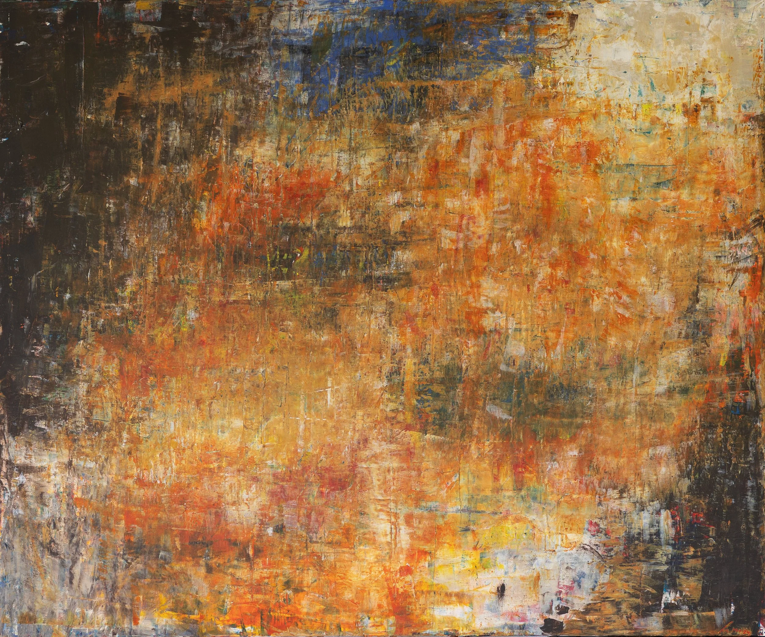 Abstrakte Ölgemälde mit orange, gelb, braun, blau und schwarzen Farbflächen.