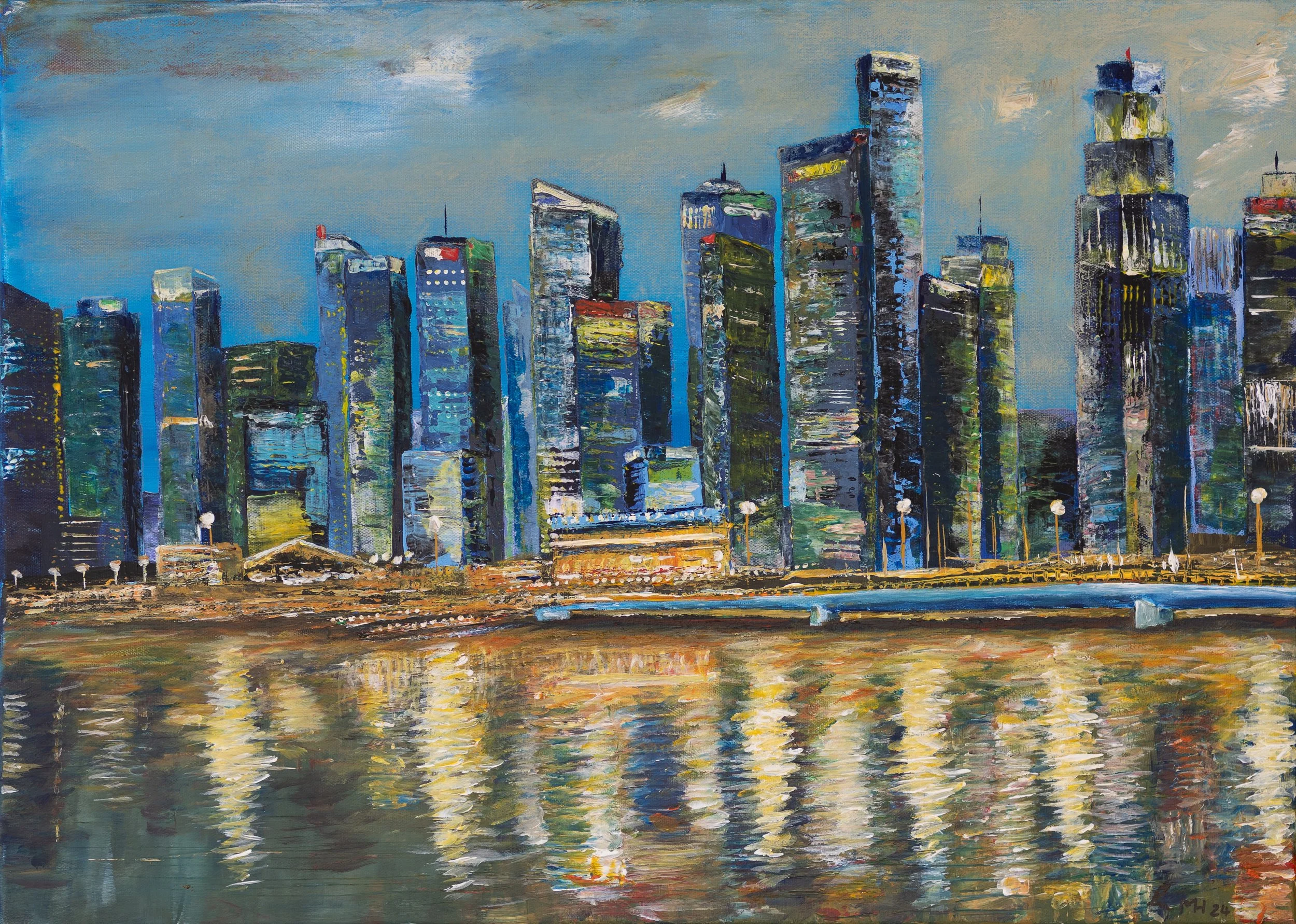 Eine Malerei einer modernen Skyline mit hohen Gebäuden und einem Fluss im Vordergrund, alles in lebhaften Farben und impressionistischem Stil.