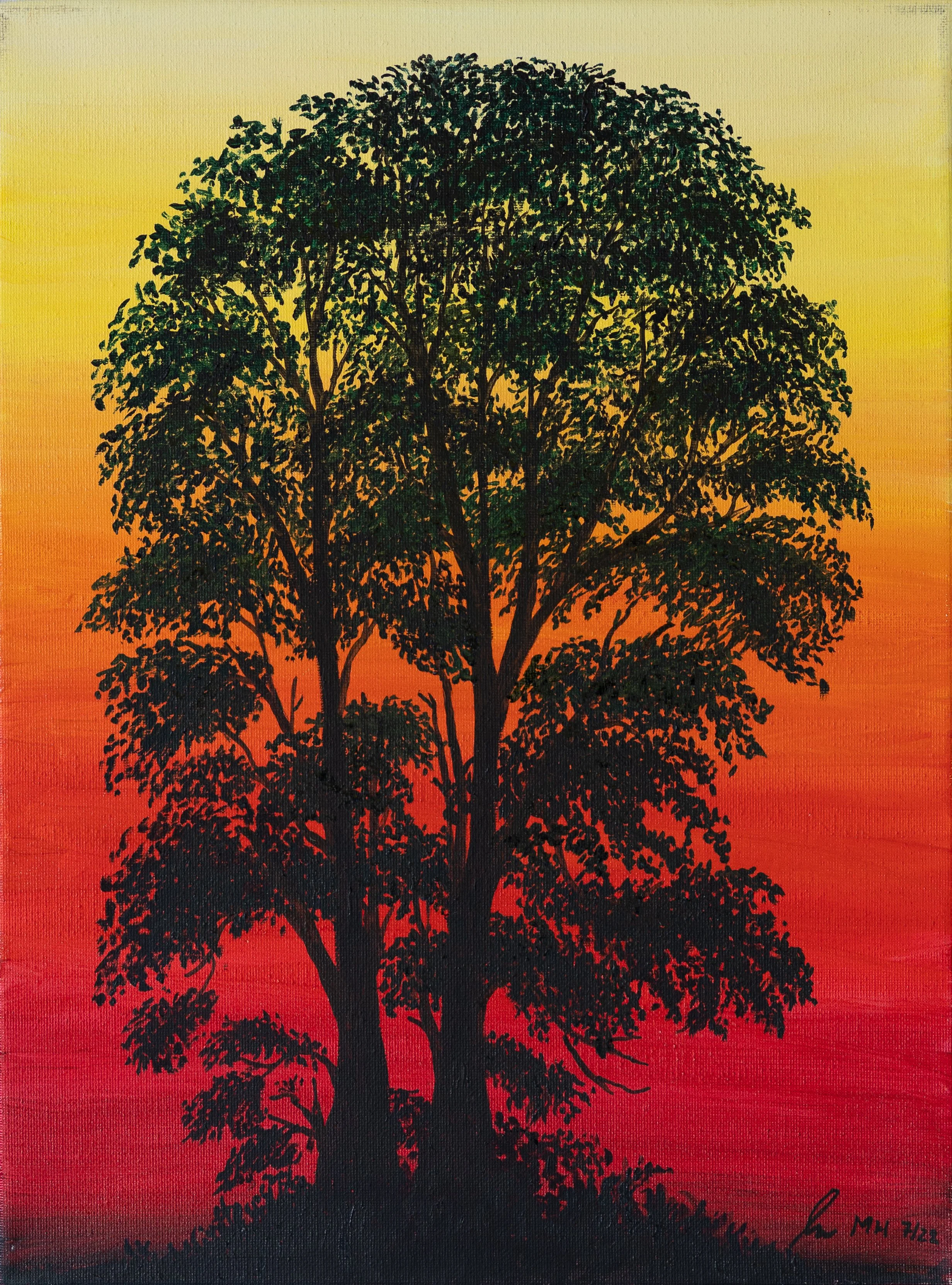 Silhouette eines Baumes vor einem bunten Sonnenuntergang mit Orangen-, Rot- und Gelbtönen.