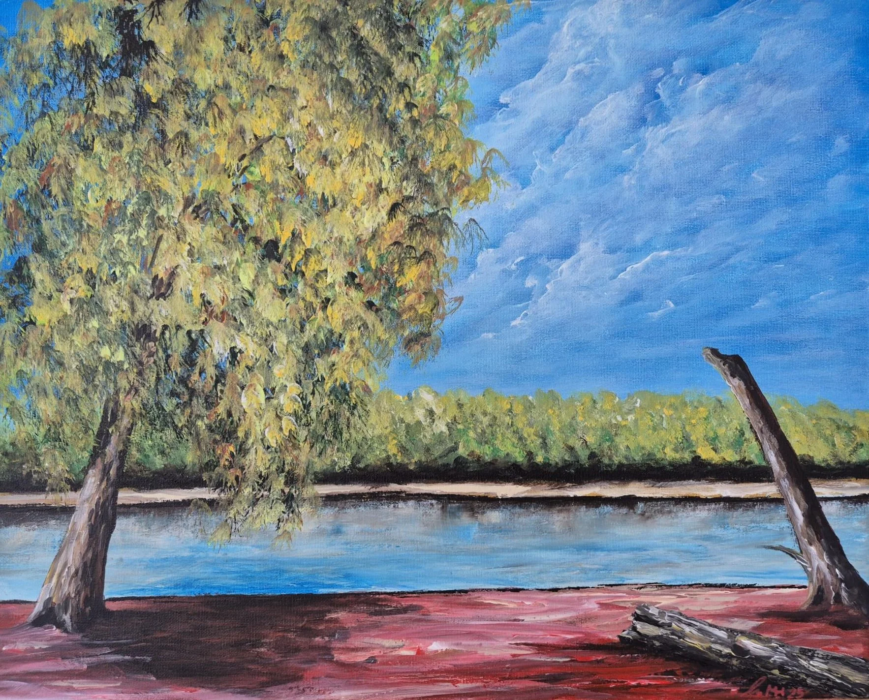 A landscape painting showing a river, trees with yellow-green leaves, a log on the ground, and a bright blue sky with clouds.