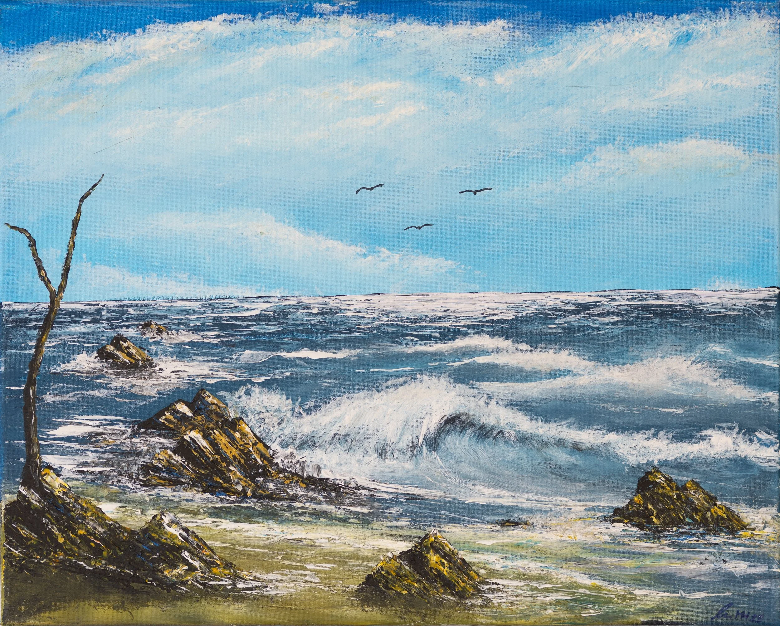 Landschaftsmalerei einer Küste mit Wellen, Felsen und einem Baum, blauer Himmel mit Wolken und fliegenden Vögeln.