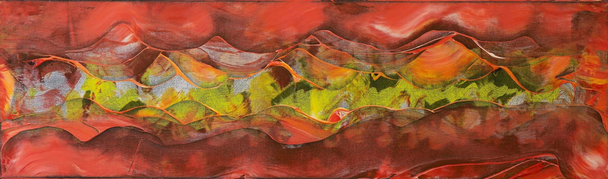 Abstrakte Kunst mit roten, orangefarbenen, gelben, grünen und schwarzen Farben, die geschwungene Linien und Texturen bilden.