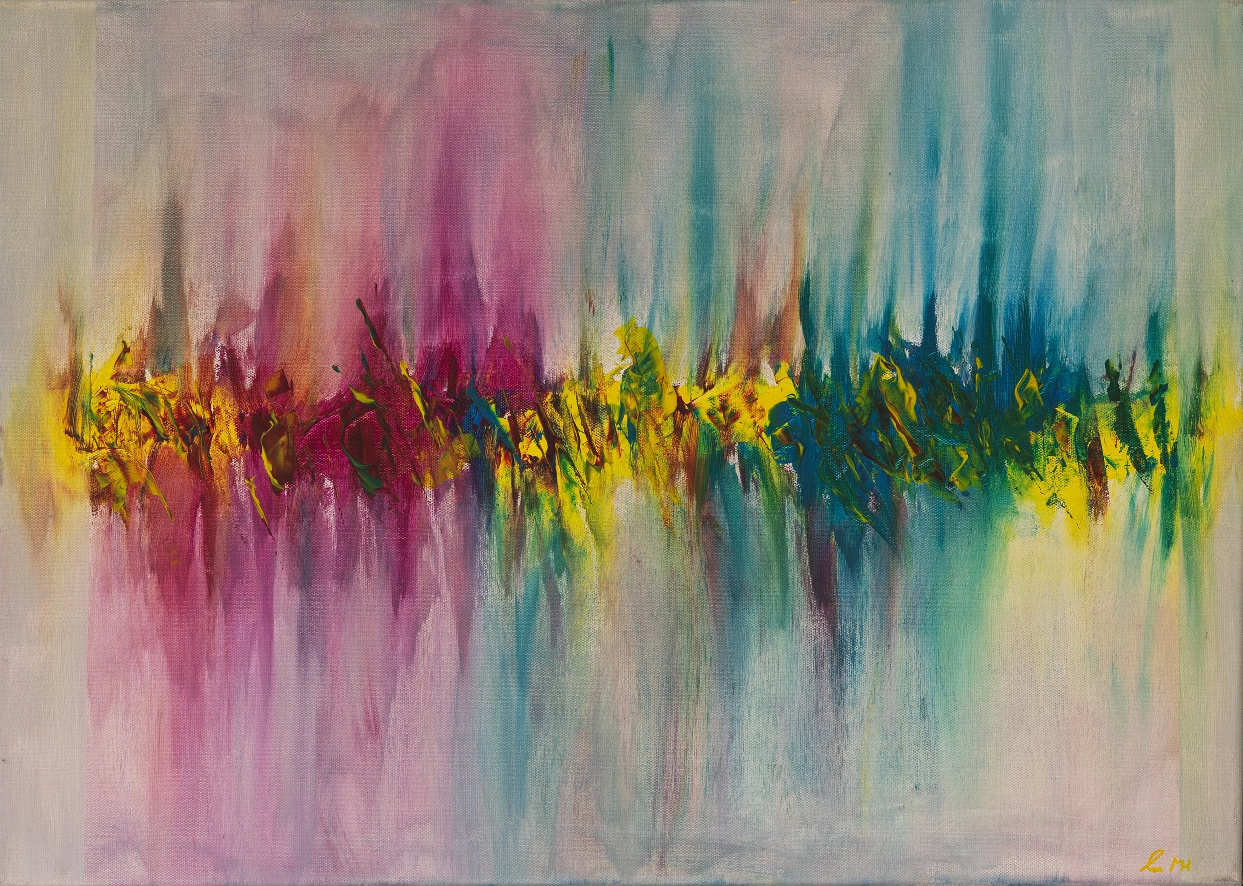 Abstraktes Gemälde mit bunten, streifenartigen Pinselstrichen in Gelb, Pink, Blau und Grün sowie Reflexionen auf Wasser.