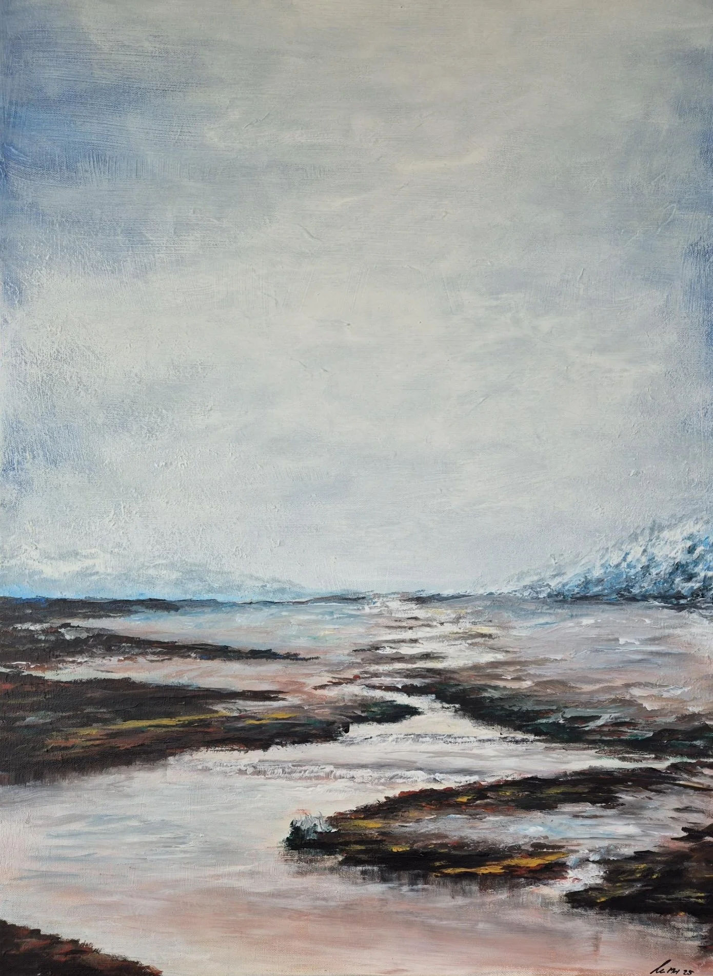 Ölgemälde einer Küstenlandschaft mit Meer, Felsen und Himmel bei Sonnenuntergang oder -aufgang, im impressionistischen Stil