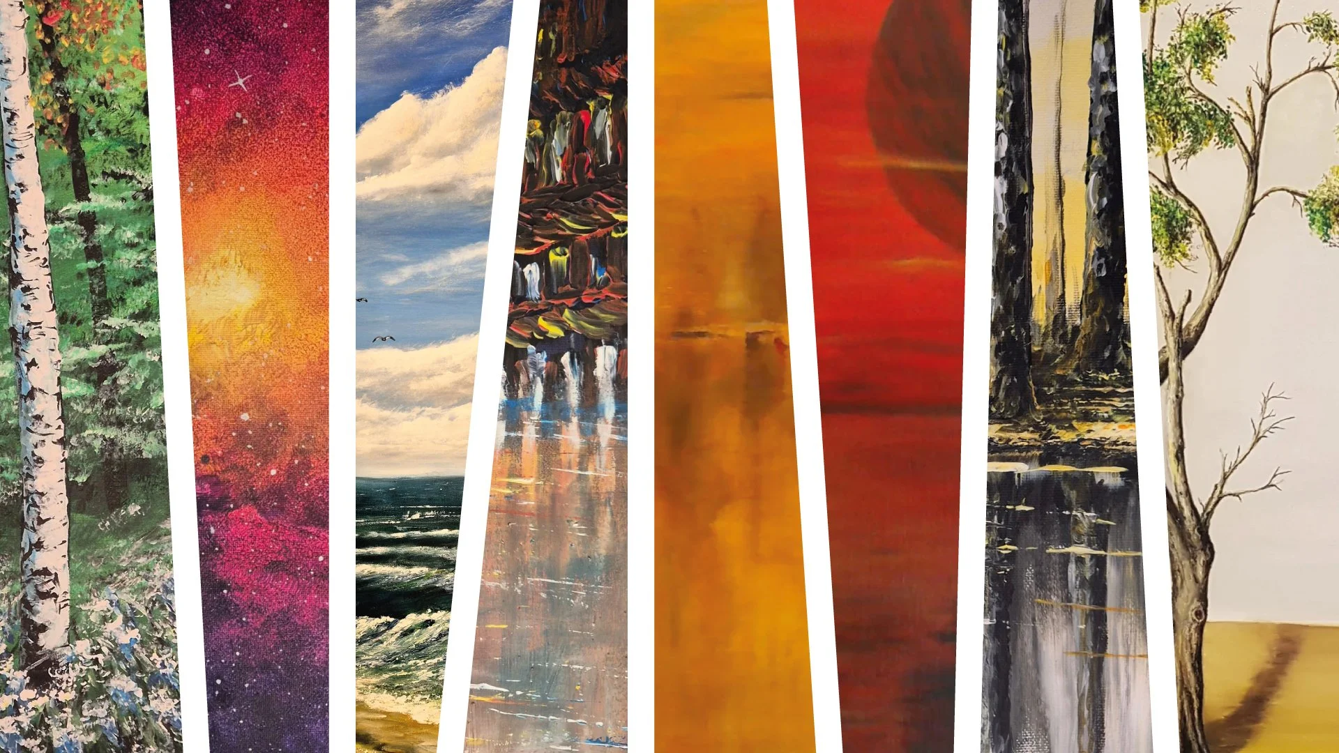 Einzeigen einer Reihe von Gemälden mit Landschafts- und Naturmotiven in verschiedenen Stilen.