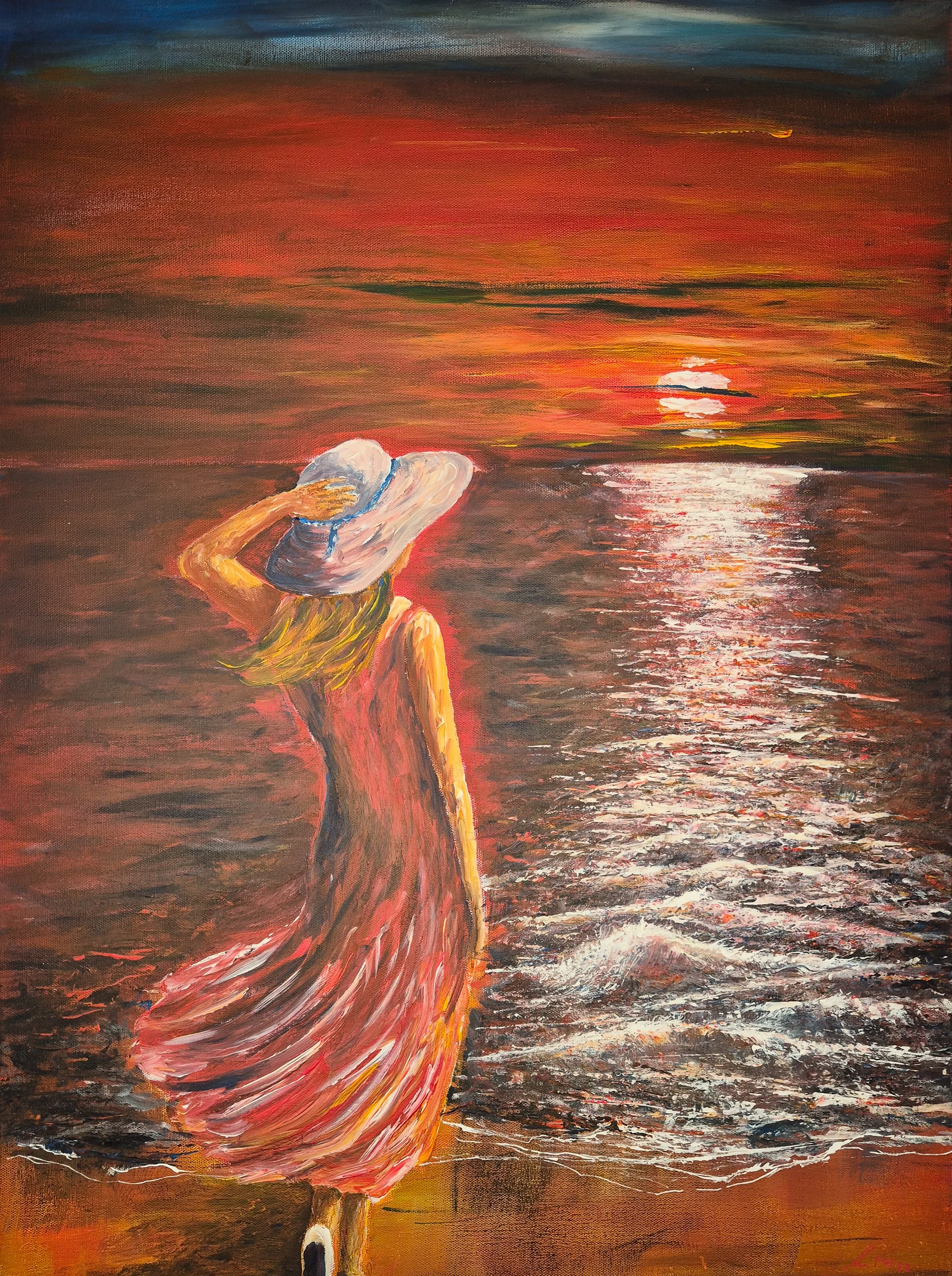 Gemälde einer Frau in einem Sommerkleid und Sonnenhut, die am Strand den Sonnenuntergang über dem Meer betrachtet.