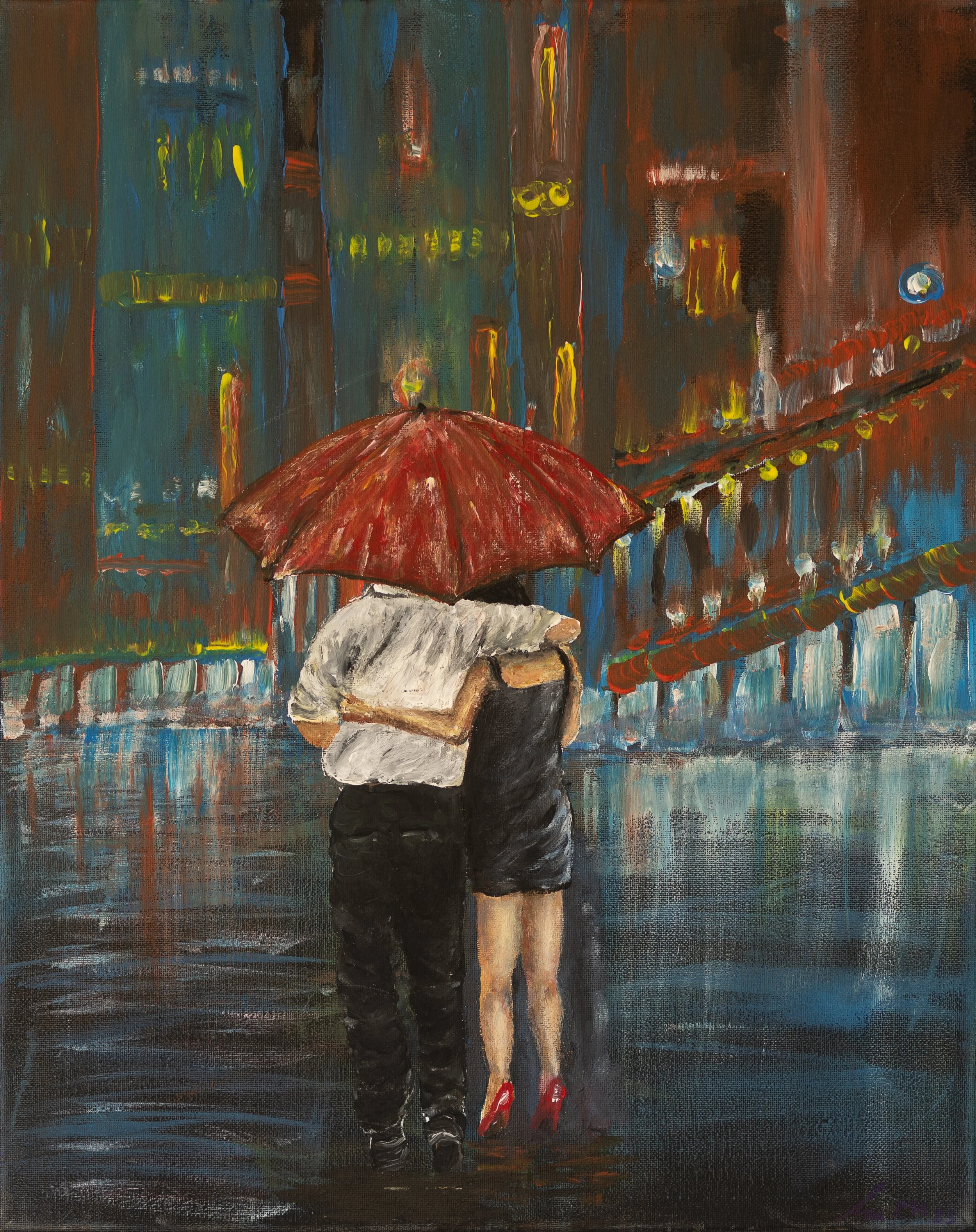 Ein Gemälde, das ein Paar zeigt, das sich unter einem roten Regenschirm auf einer nassen Straße bei Nacht umarmt. Im Hintergrund sind bunte, leuchtende Stadtlichter und reflektierende Wasserpfützen auf der Straße.