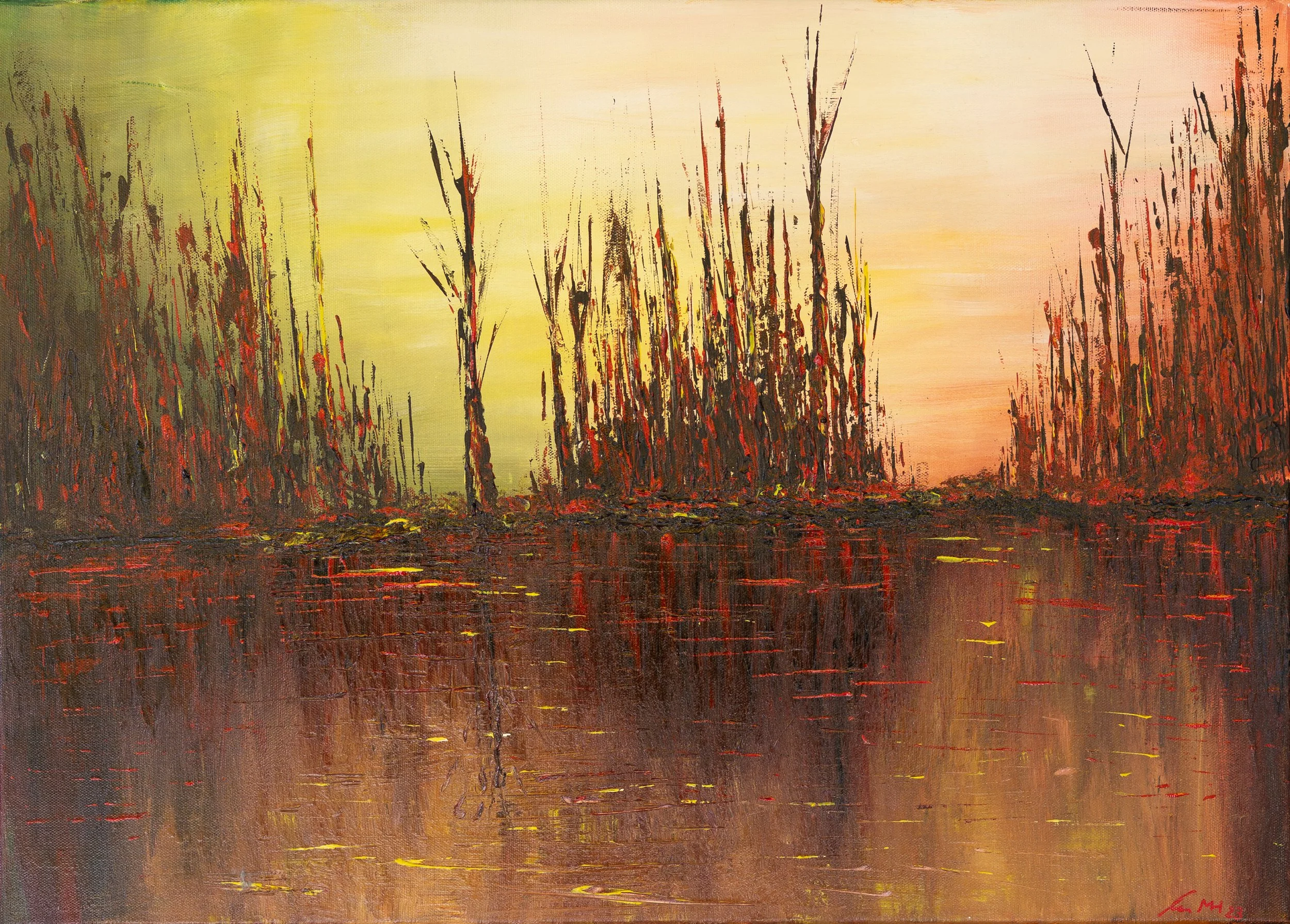 Abstraktes Gemälde eines Sees mit vertikalen Baumformen und Sonnenuntergang in warmen Farben.