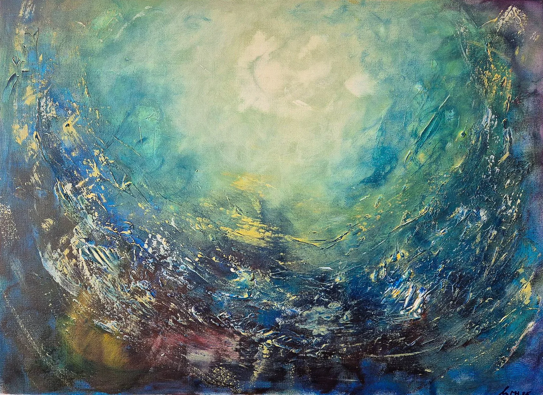 Abstraktes Gemälde mit Blau-, Grün- und Gelbtönen, mit dicken, dynamischen Pinselstrichen und Texturen, die eine felsige oder wellenartige Szene andeuten.