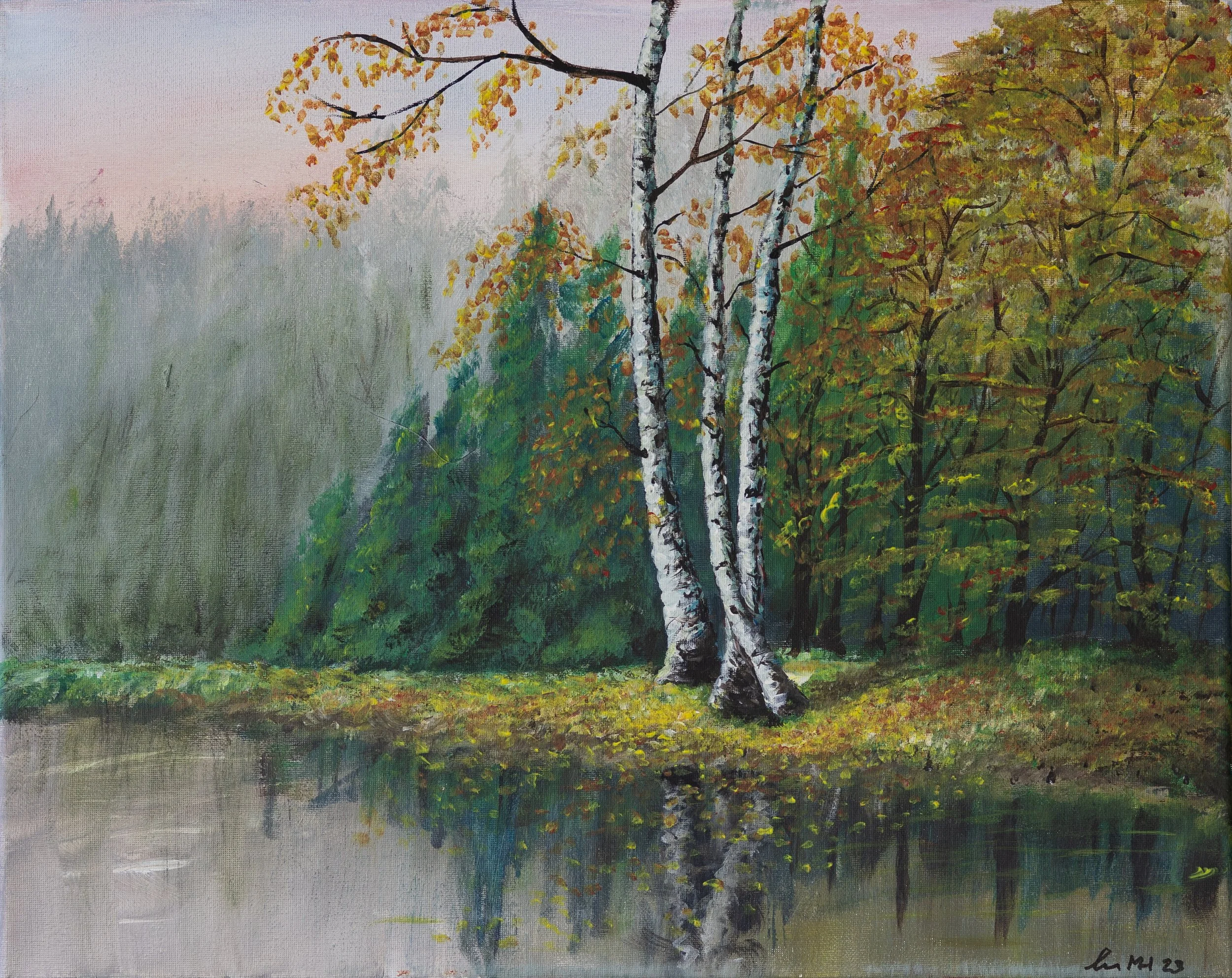 A nature landscape painting of trees by a body of water, with birch trees in the foreground and other trees with green and yellow leaves in the background, under a pinkish sky.