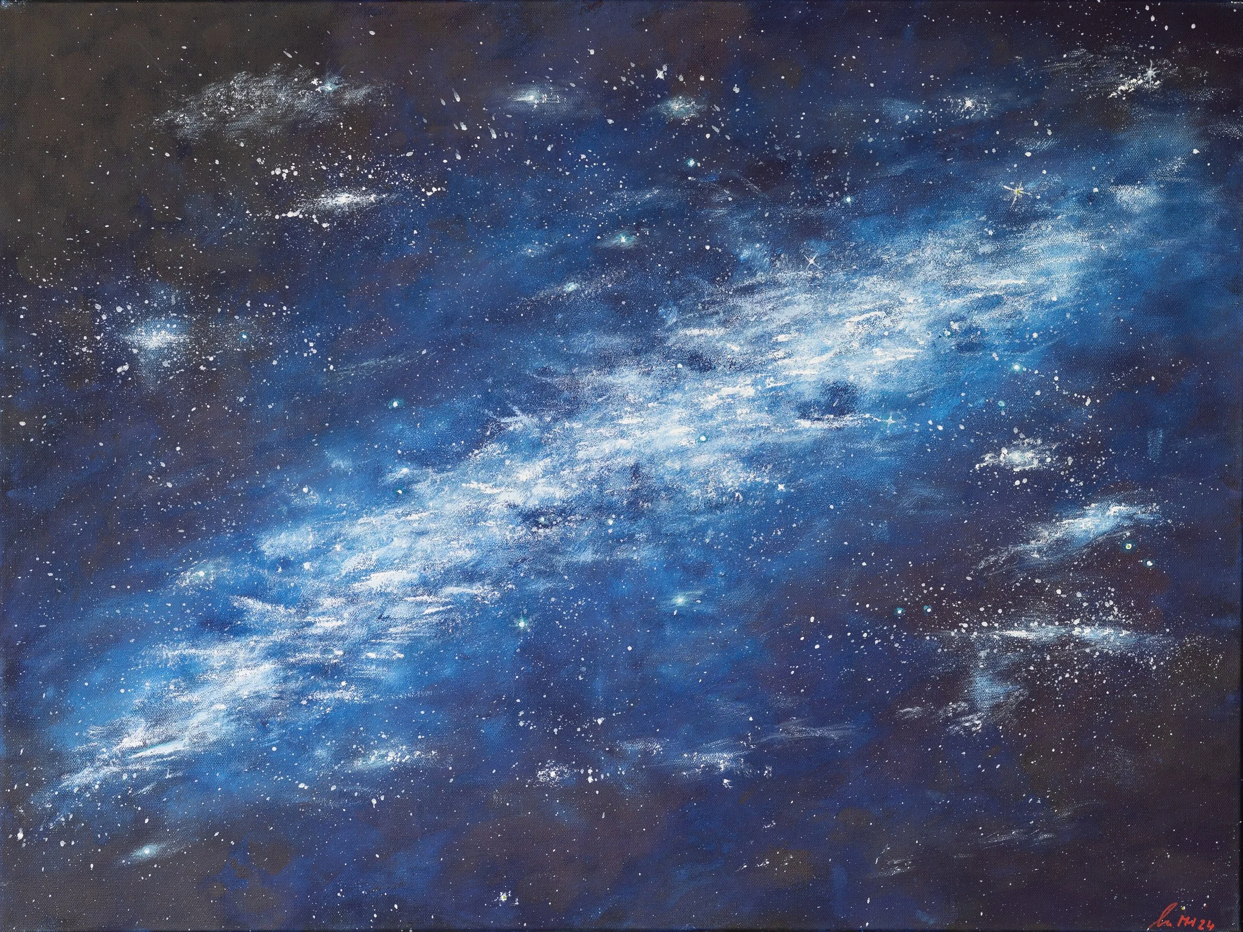 Malerei eines Universums mit blauen und weißen Sternen und Galaxien