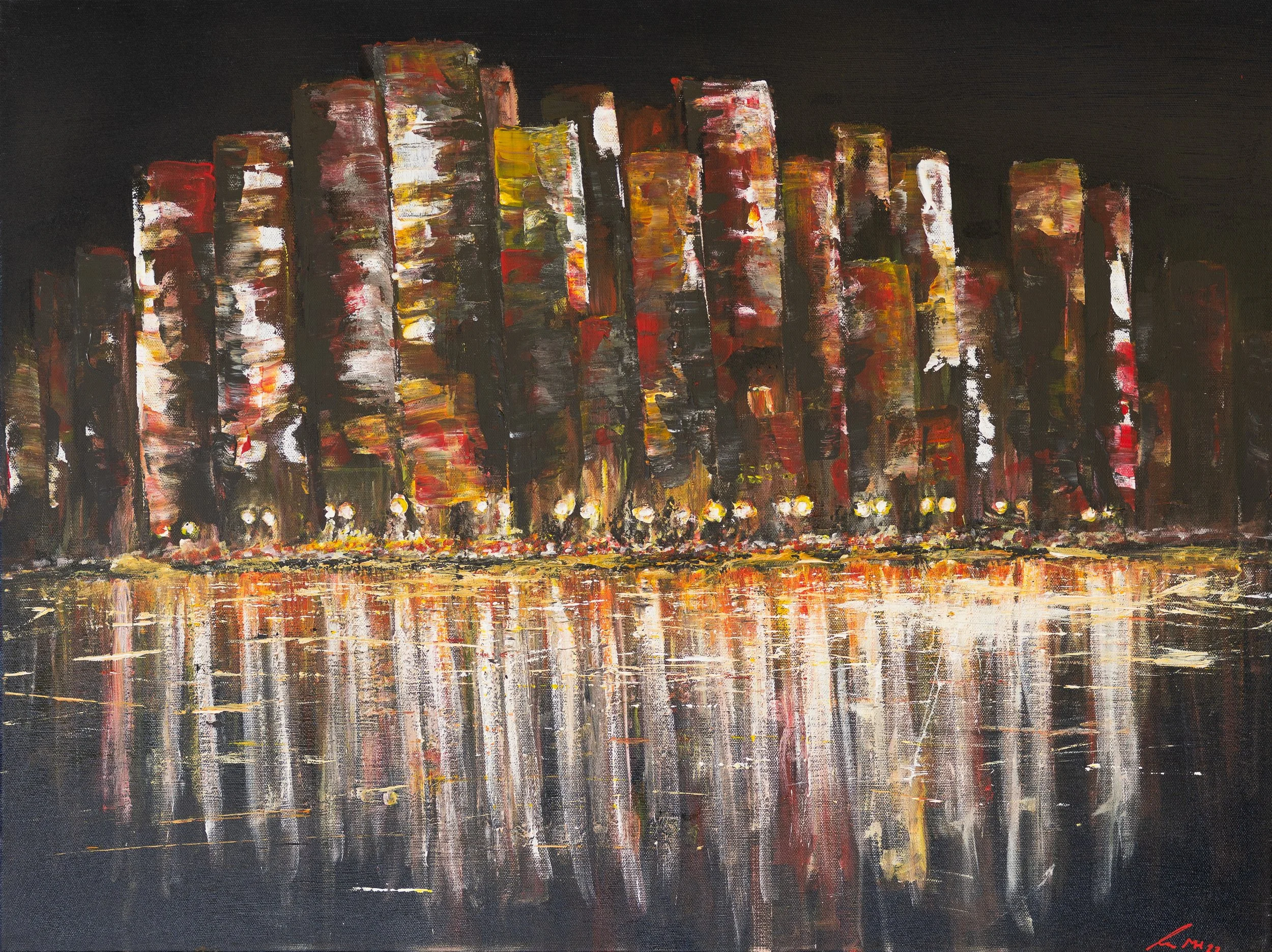 Abstraktes Gemälde einer Stadt bei Nacht mit reflektierenden Wasserflächen im Vordergrund.