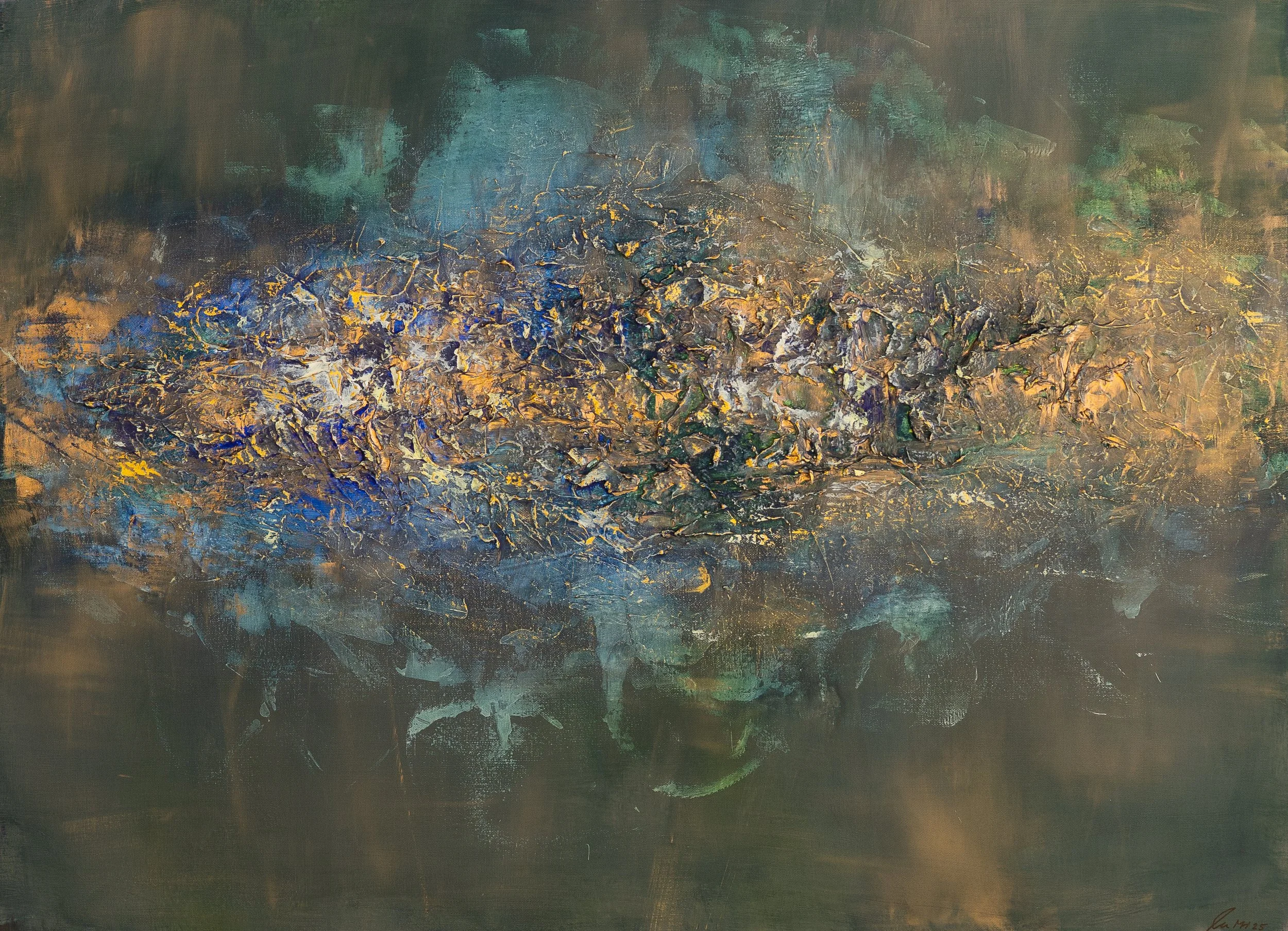 Abstraktes Gemälde mit gold, blau, grün und erdigen Tönen, strukturierte Oberfläche mit dicker Farbauftragung.