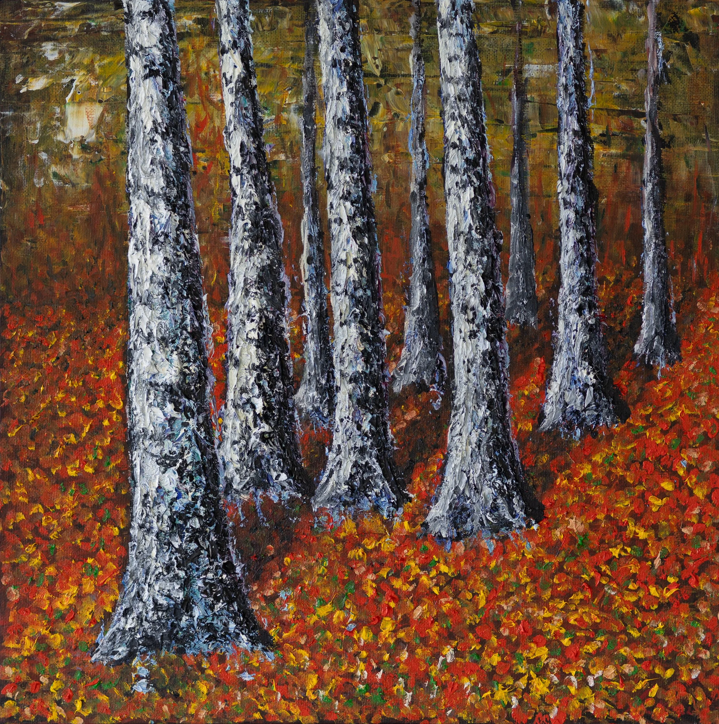 Ölgemälde eines herbstlichen Waldes mit roten Laubblättern auf dem Boden und weißen, schwarzen Baumstämmen.