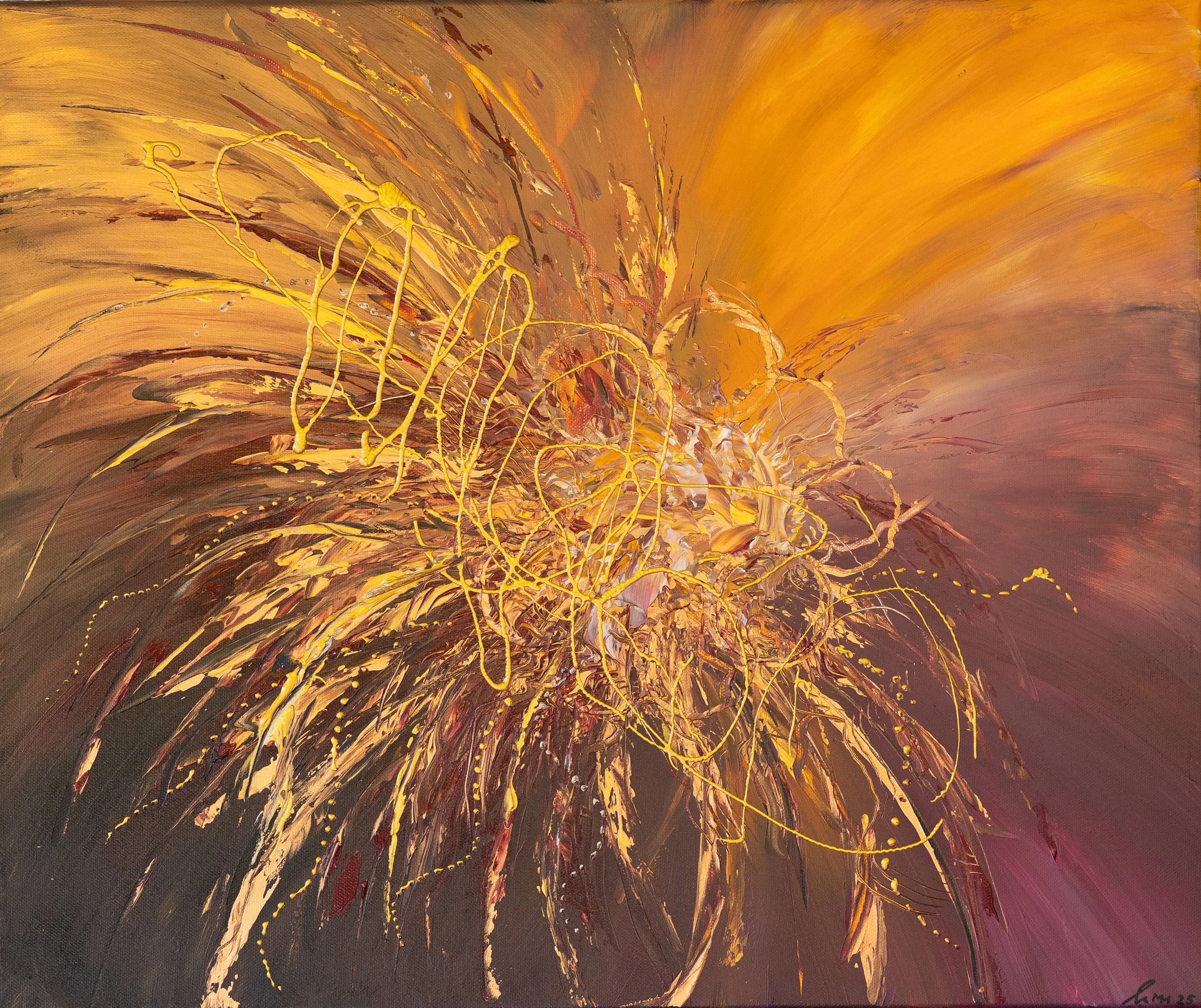 Abstraktes Gemälde in warmen Farben mit Linien und Pinselstrichen in Gelb, Braun, Orange und Rot.