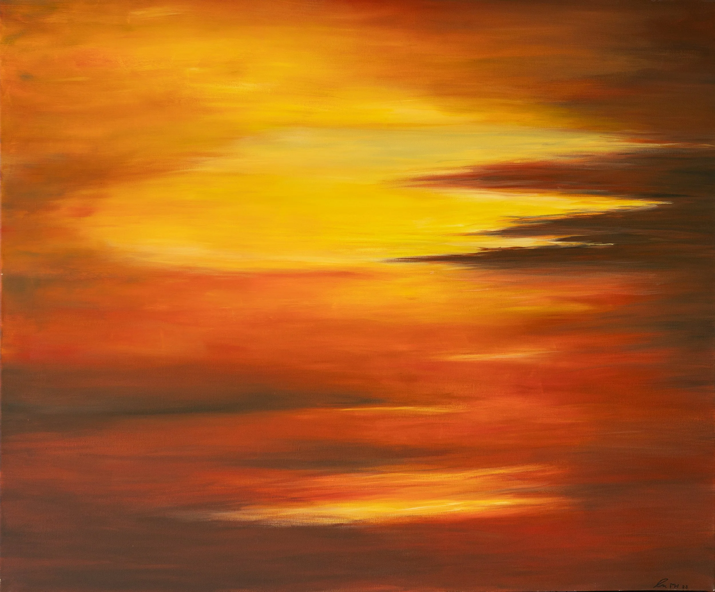 Abstraktes Gemälde mit warmen Farben, hauptsächlich Gelb, Orange und Rot, in horizontalen Pinselstrichen.