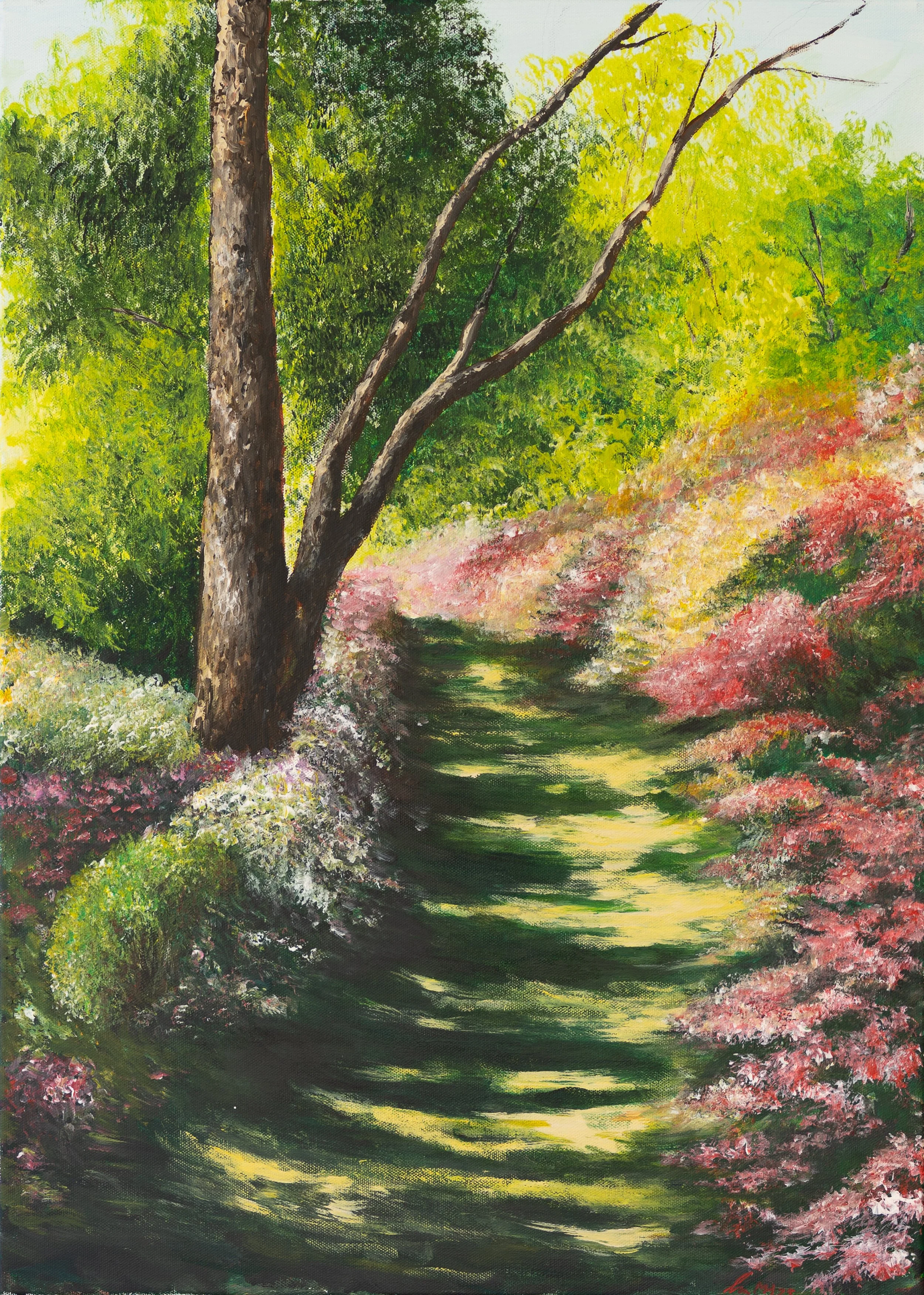 Ein impressionistisches Gemälde eines Pfades, der durch einen blühenden Garten mit bunten Blumen und grünen Bäumen führt, sonniger Tag.