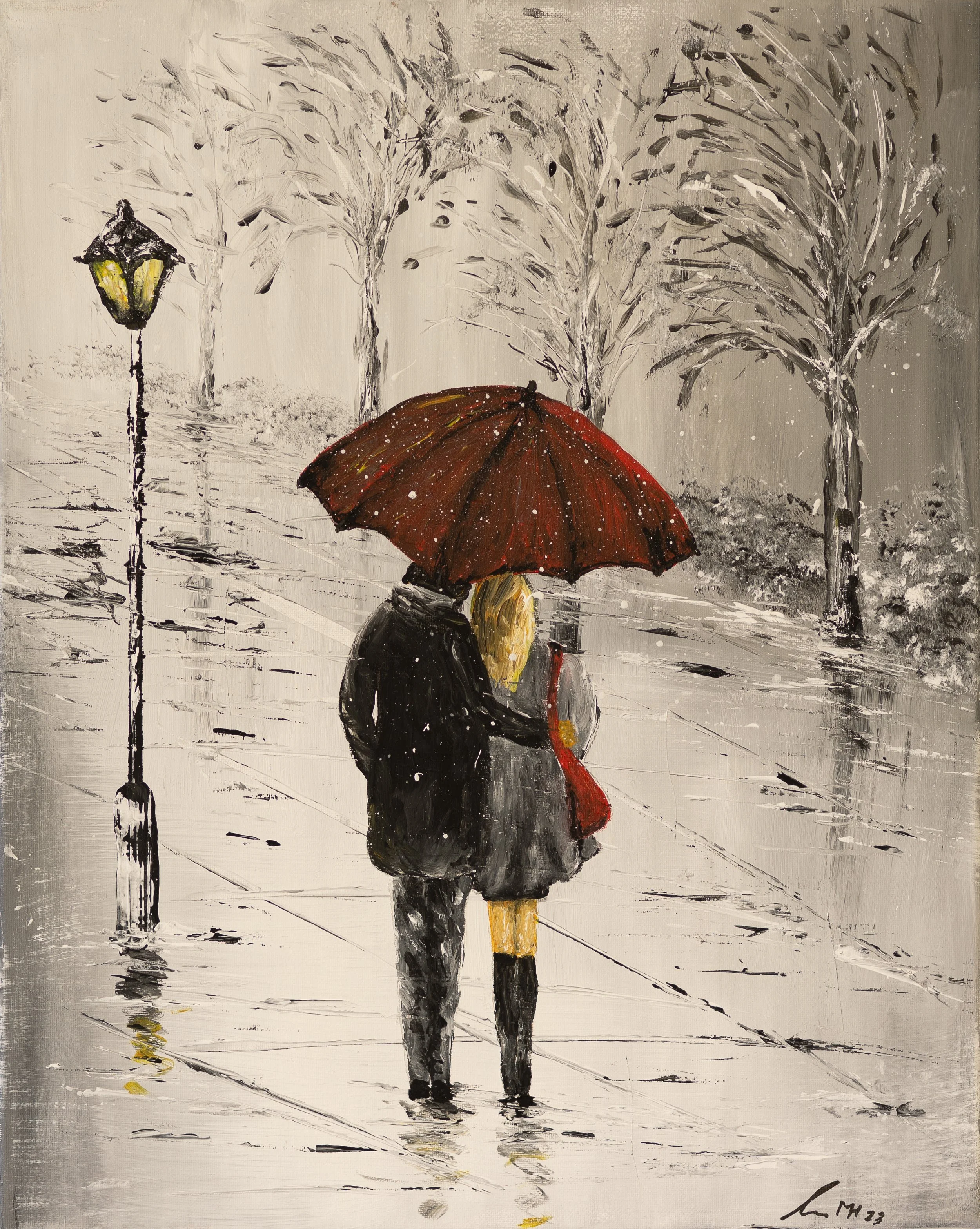 Gemälde eines Paares, das sich unter einem roten Regenschirm auf einer regnerischen Straße in einem Park mit Bäumen befindet.