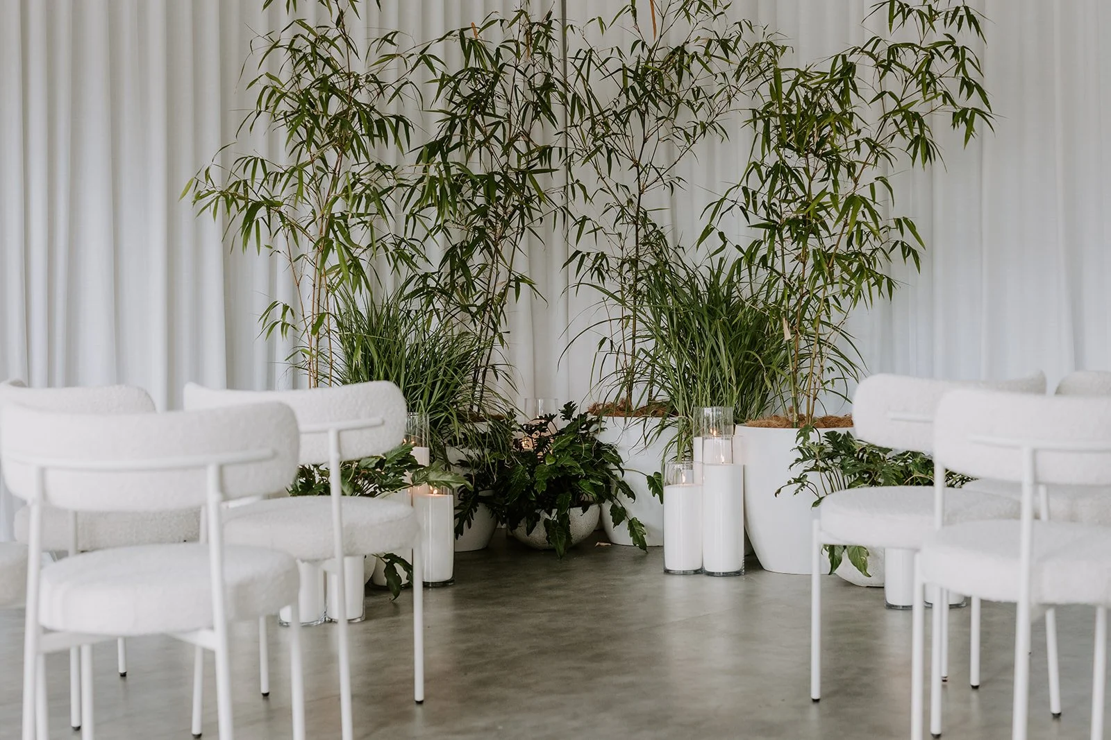 A minimalist wedding or event ceremony setup with white chairs facing an arrangement of large potted green plants and tall white candles in glass holders against white curtains.