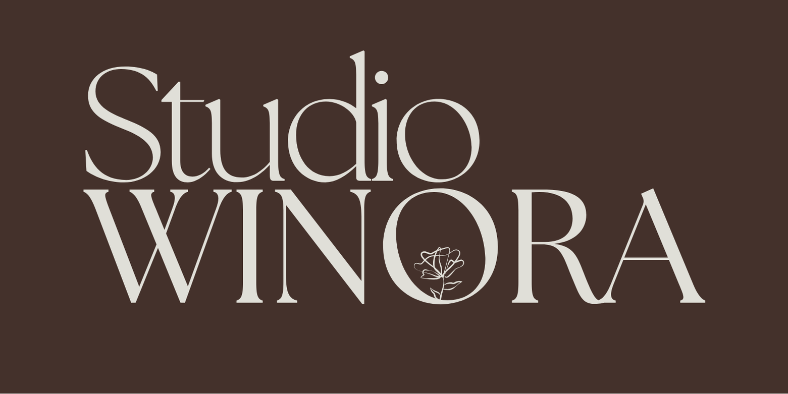 Logo for Studio Winora with stylized text in light gray on a dark brown background, including a small flower illustration within the letter O.