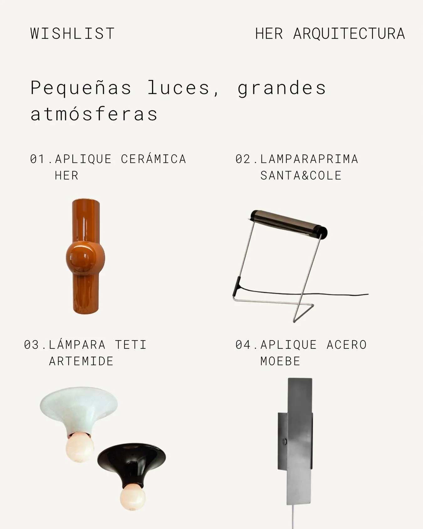 Este mes hemos  seleccionado nuestros apliques favoritos: piezas que dibujan el espacio, crean atm&oacute;sferas y aportan car&aacute;cter sin necesidad de ocuparlo todo.

Luz que acompa&ntilde;a, que resalta materiales, que define momentos.

#her #w