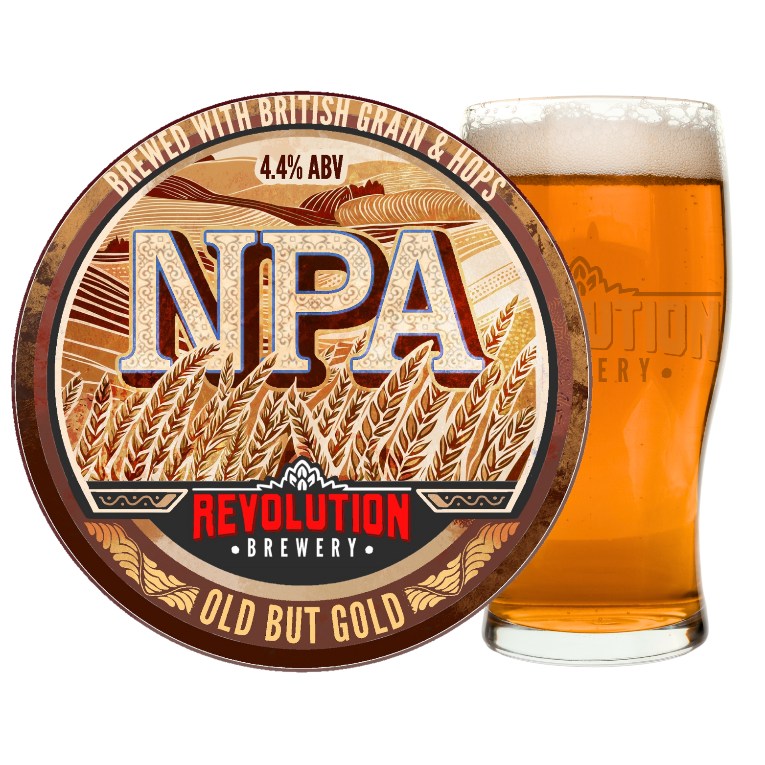 Label of Revolution Brewery's NIPA beer with an illustration of wheat and rolling hills, and a beer glass filled with amber beer with a foamy head.