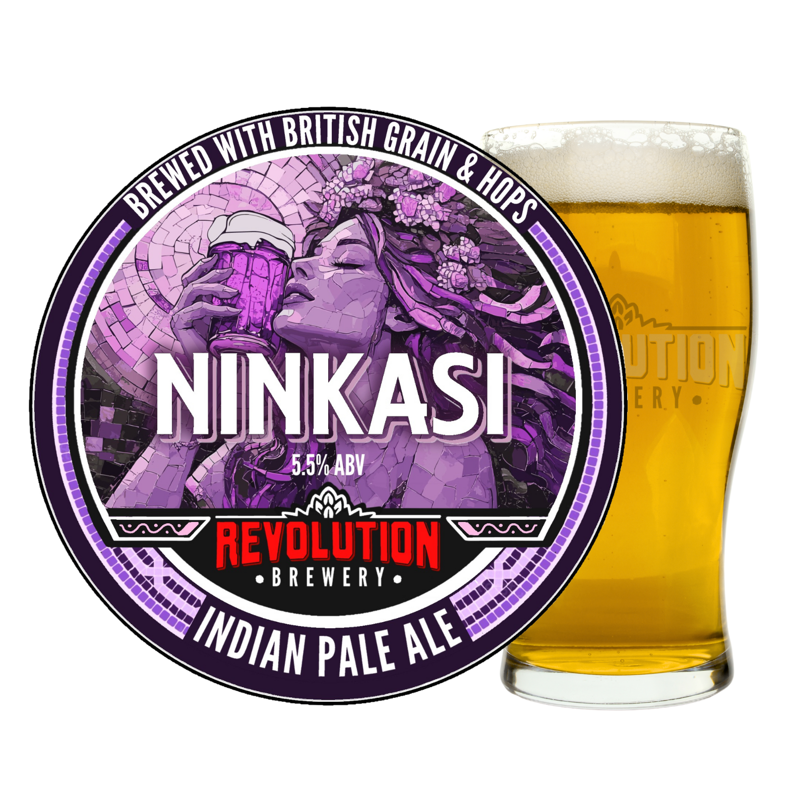 Label for Ninkasi Indian Pale Ale by Revolution Brewery showing a woman with purple hair holding a beer mug close to her face, with the beer in a glass next to the label.