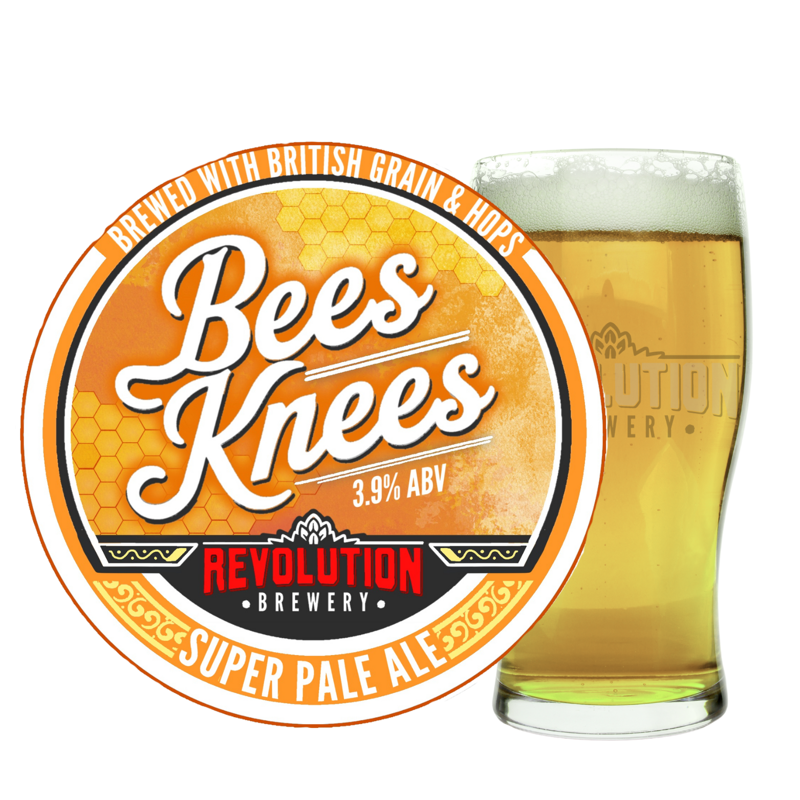 A round beer label with an orange honeycomb background, white and black border, and orange and black text that reads "Bees Knees," with smaller text indicating "3.9% ABV" and "Brewed with British grain & hops." The label also has a red band with white text that says "Revolution Brewery" and a white band around the bottom with orange text that says "Super Pale Ale." Next to the label is a tall glass of pale golden beer with a frothy white head, sitting on a black background.