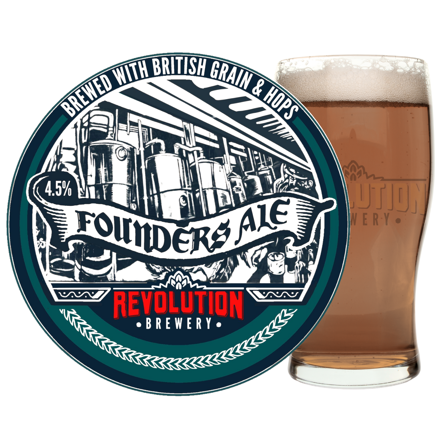 Label of Founders Ale beer from Revolution Brewery, featuring black-and-white industrial brewing scene and red text, with a pint of beer in the background.