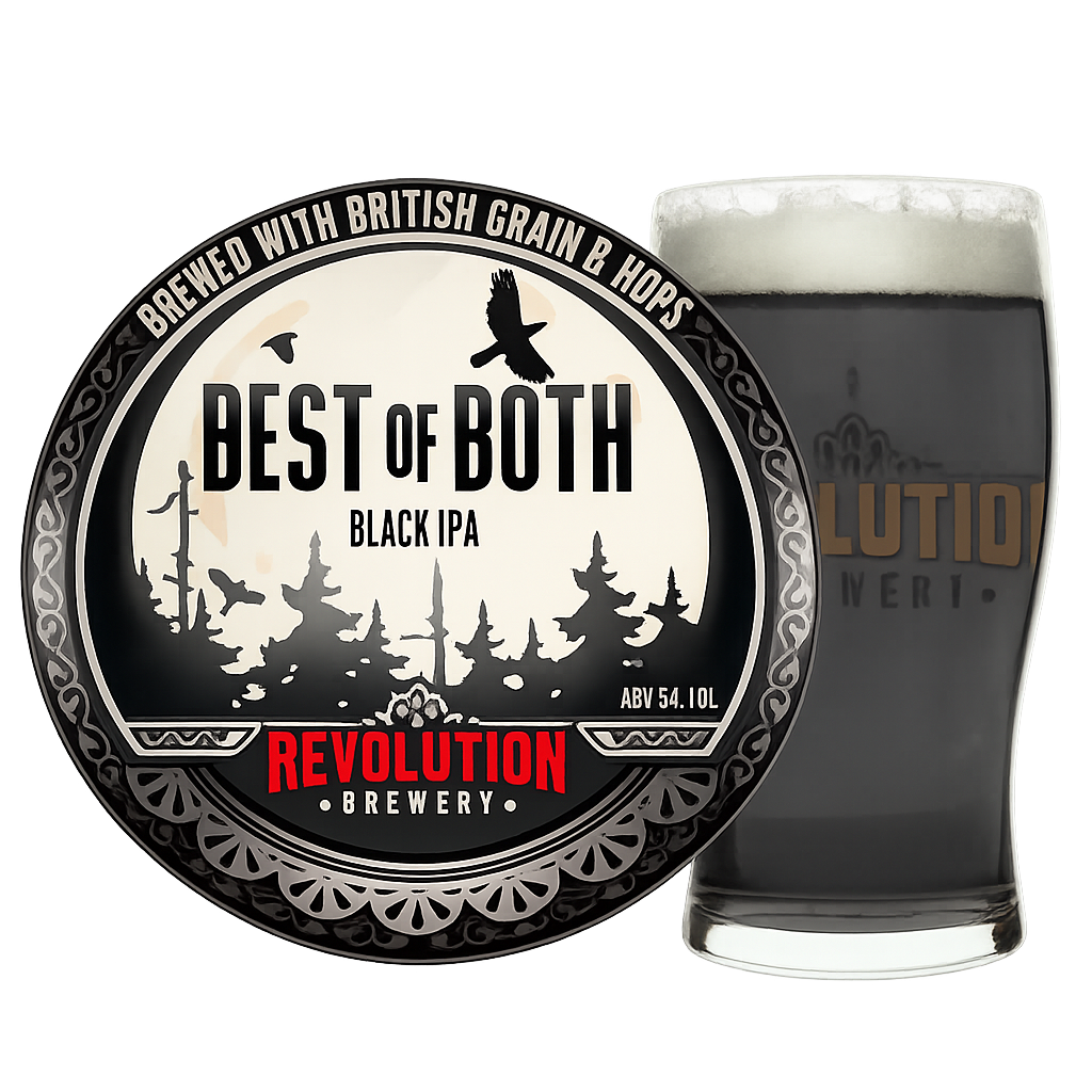 A round beer can label with a black and white forest scene, the words "Best of Both" in large font, and "Revolution Brewery" in red. Next to it is a glass of dark beer with foam on top.