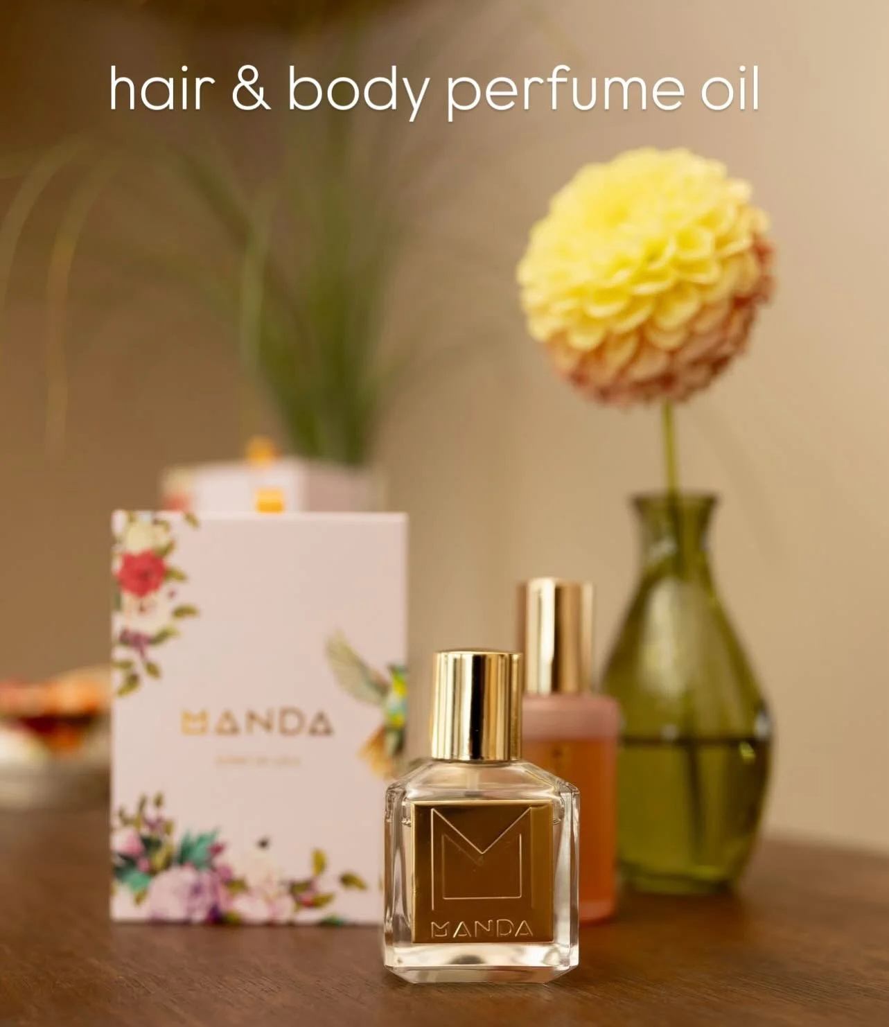 Elegant &amp; Simple, Our Scandinavian Manda Hair &amp; Body Oil Perfume is a beautiful addition to your dressing table. This charming little bottle comes in stunning packaging and carries the most delicate, gorgeous floral fragrance. A true everyday