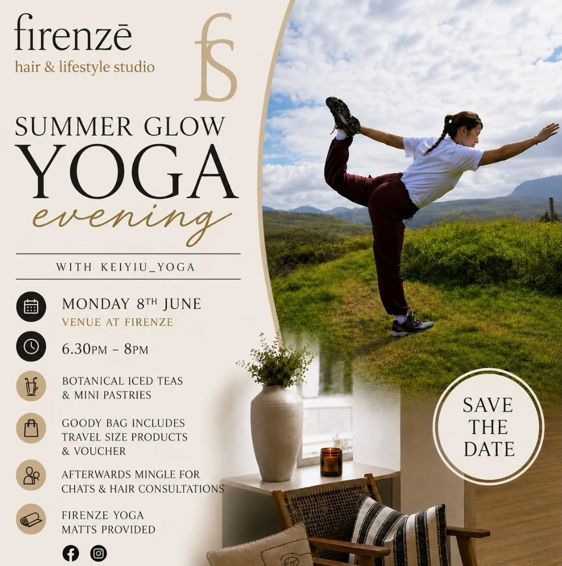✨ SUMMER GLOW YOGA EVENING ✨

Join us on Monday 8th June at 6.30pm for the ultimate self-care evening 💆&zwj;♀️🧘&zwj;♀️☀️

Think relaxing yoga, summer vibes, iced refreshments, and goodie bag waiting for you ✨ Includes mini products + hair voucher ?