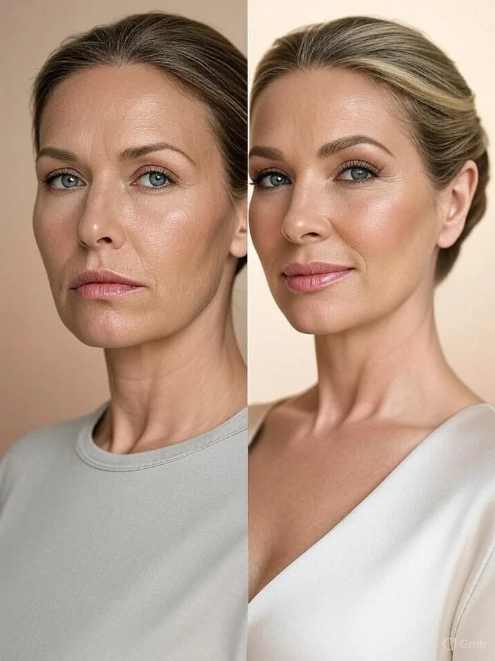 Side-by-side comparison of a woman before and after applying makeup, showing a natural look on the left and a more polished, glowing appearance on the right.